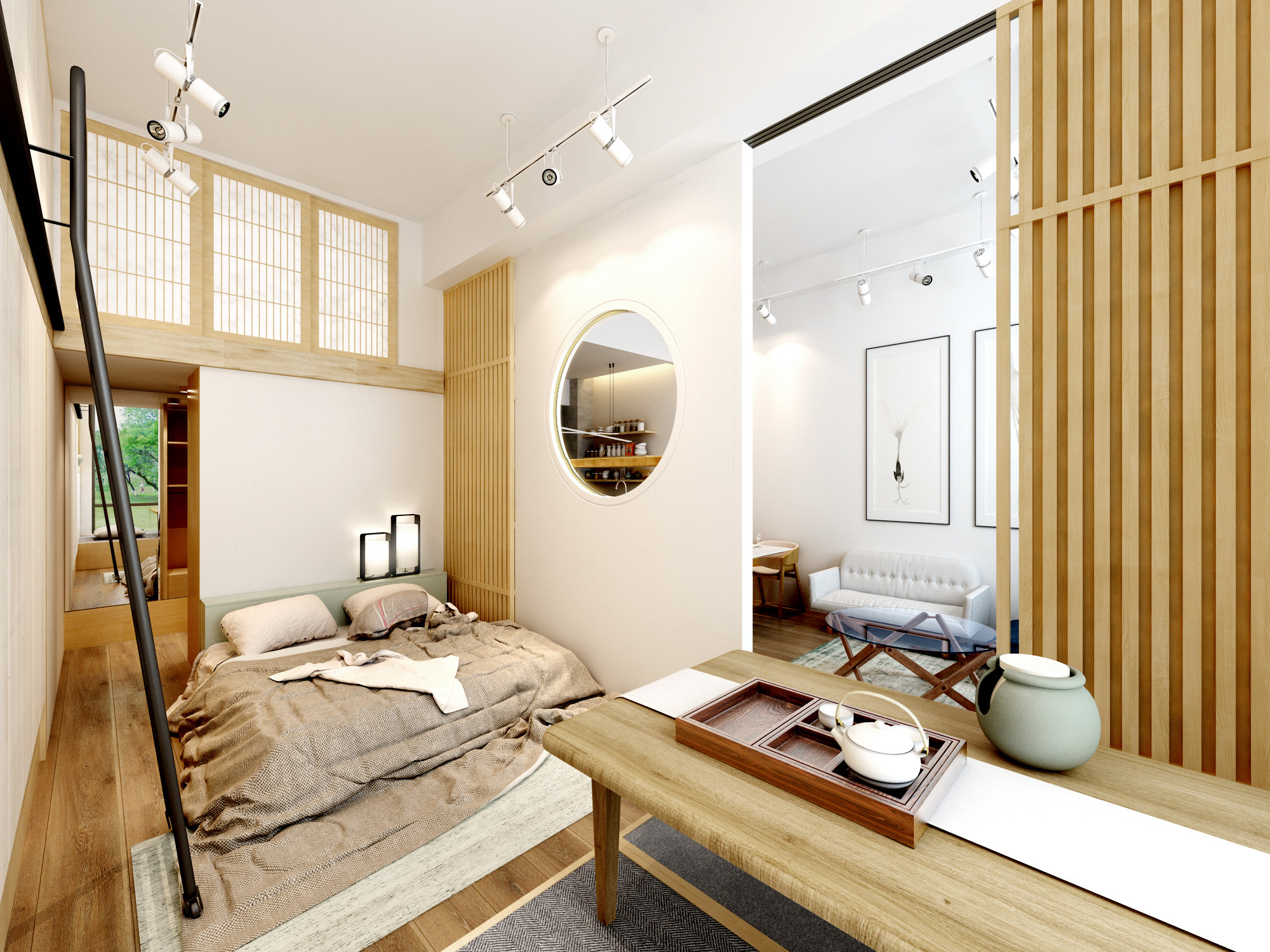 日式风格,10-15万装修,一居室装修,50平米装修,卧室,地台,书桌,原木色