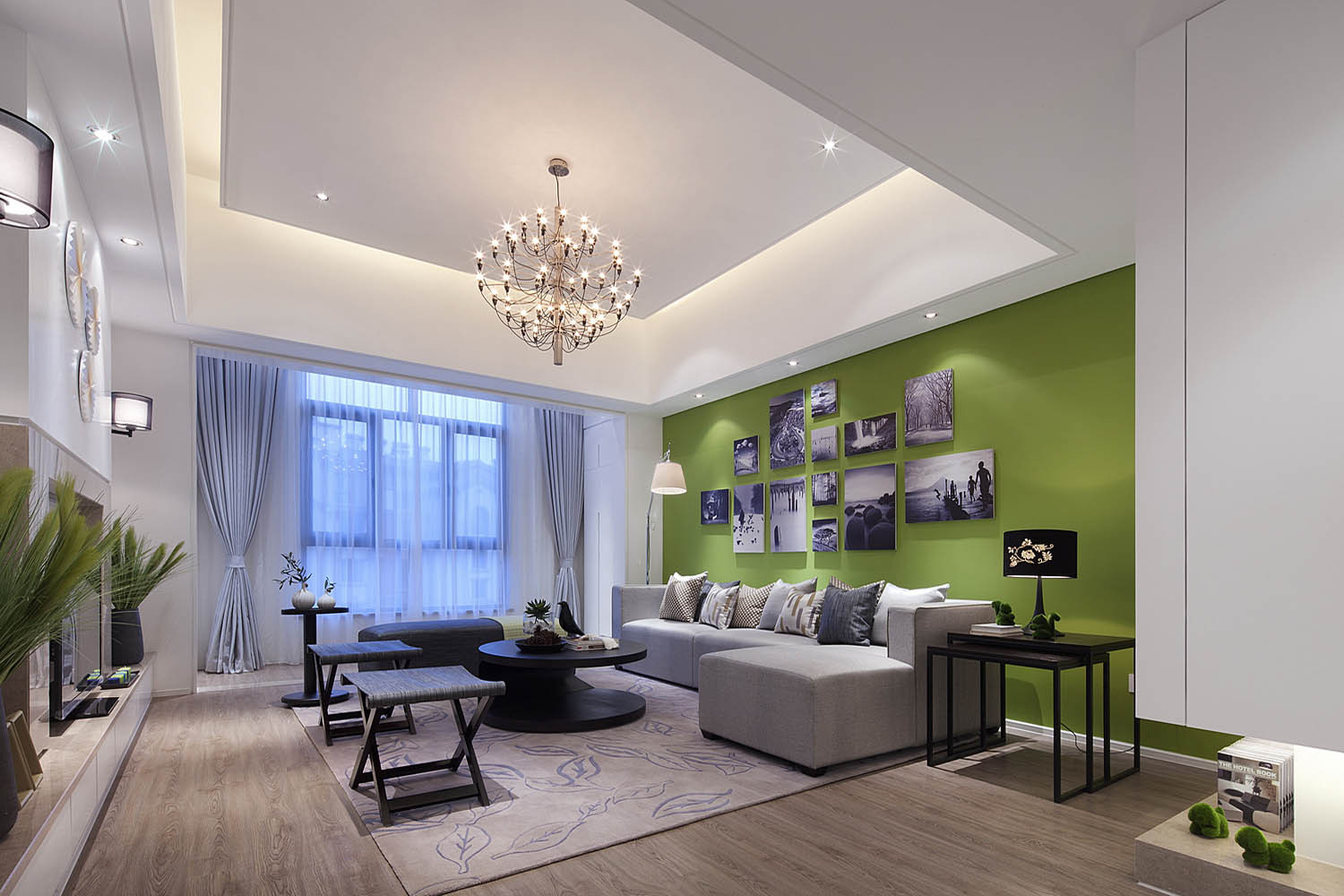 简约风格,10-15万装修,120平米装修,三居室装修,客厅,沙发背景墙,绿色