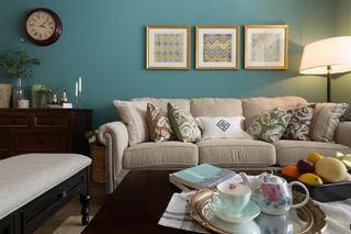 三居室现代美式家沙发背景墙图片