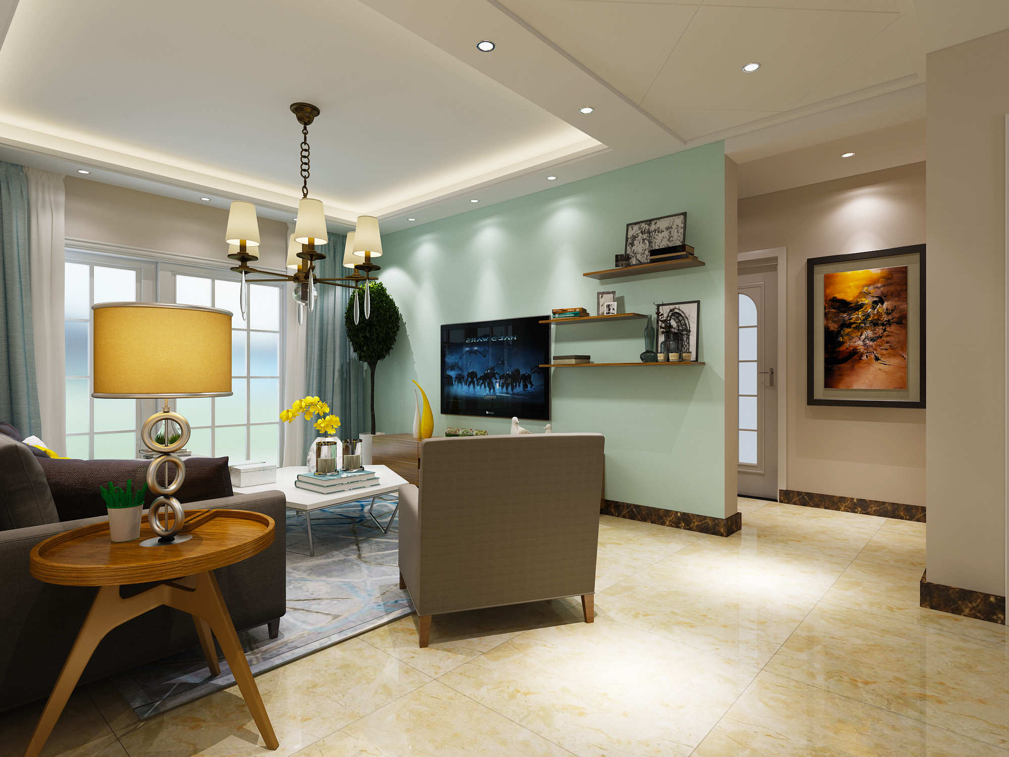 简约风格,三居室装修,15-20万装修,100平米装修,客厅,电视背景墙,绿色