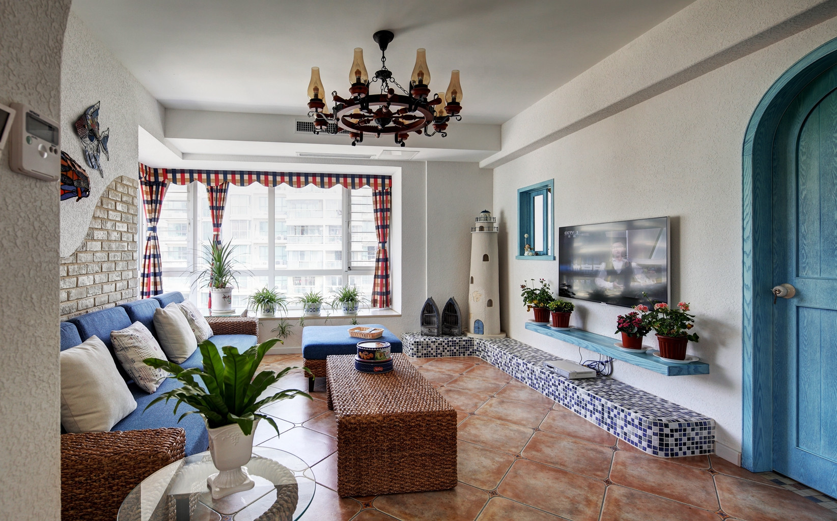 地中海风格,复式装修,140平米以上装修,20万以上装修,客厅,沙发,电视背景墙,蓝色,白色