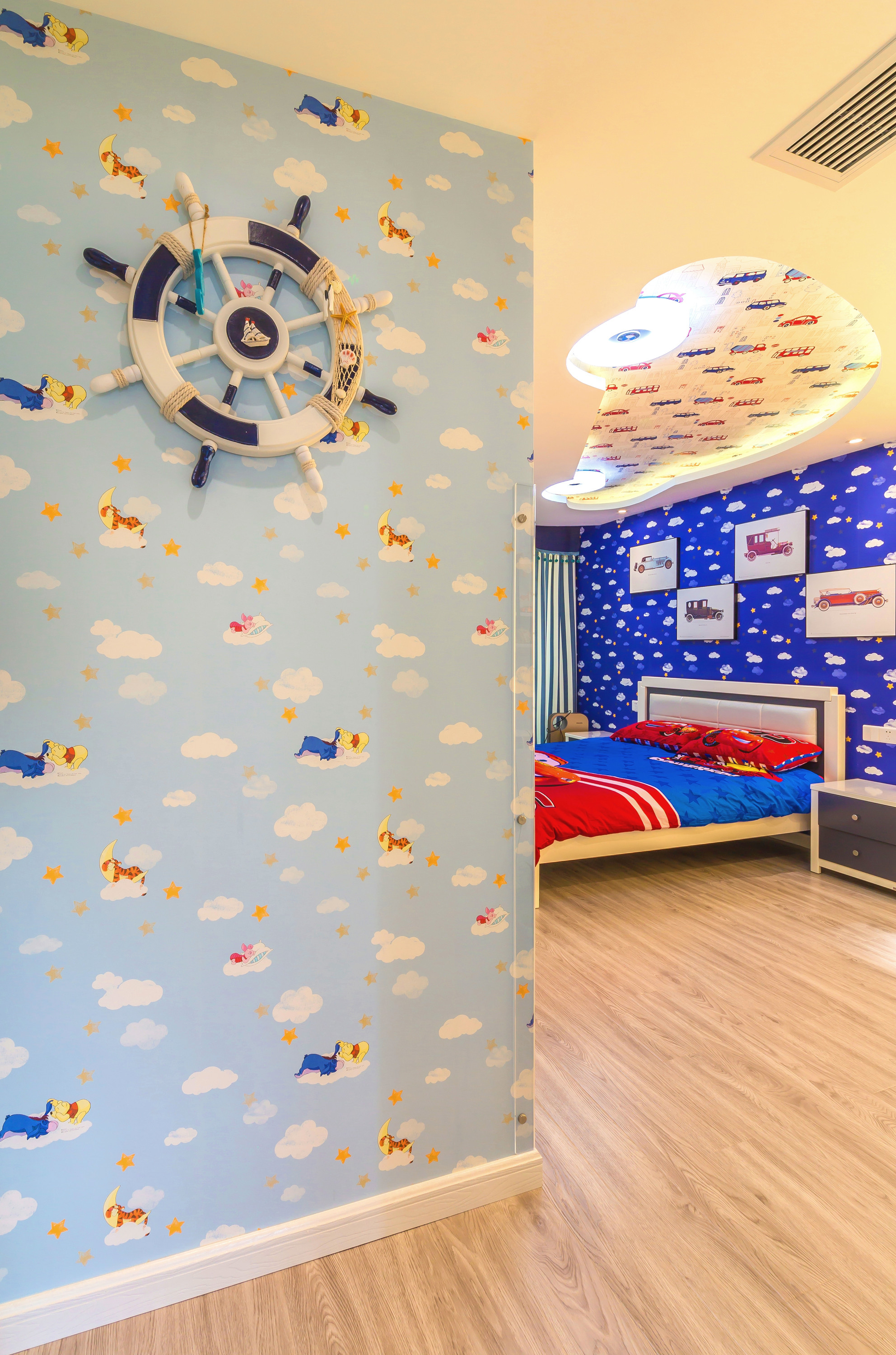 130平米装修,20万以上装修,儿童房,壁纸,现代简约风格,背景墙,蓝色
