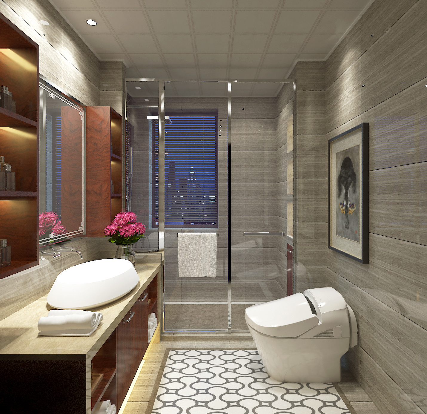 中式风格,四房装修,20万以上装修,140平米以上装修,卫生间,浴室柜,瓷砖,灰色