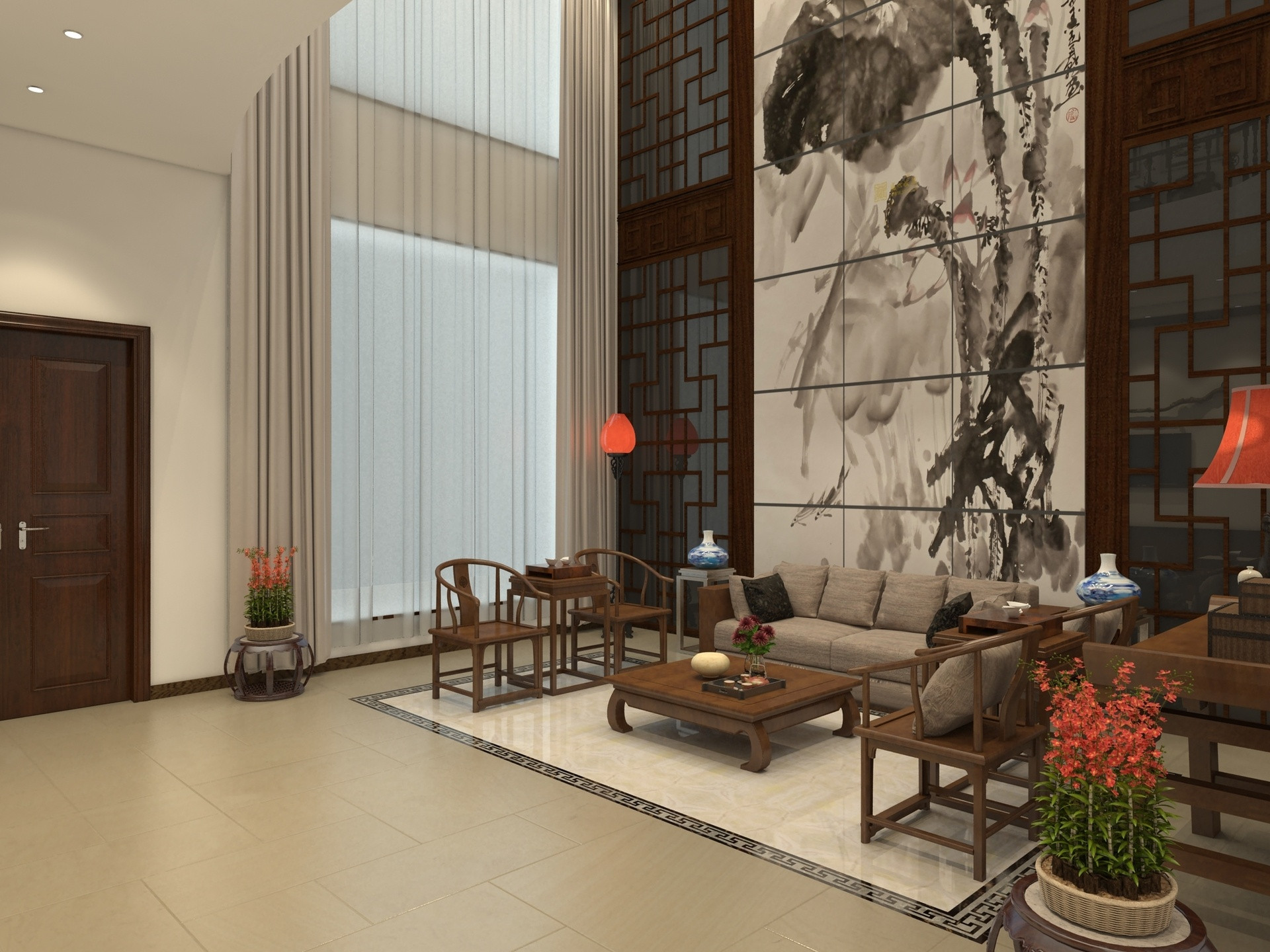中式风格,别墅装修,20万以上装修,140平米以上装修,客厅,沙发背景墙,灰色