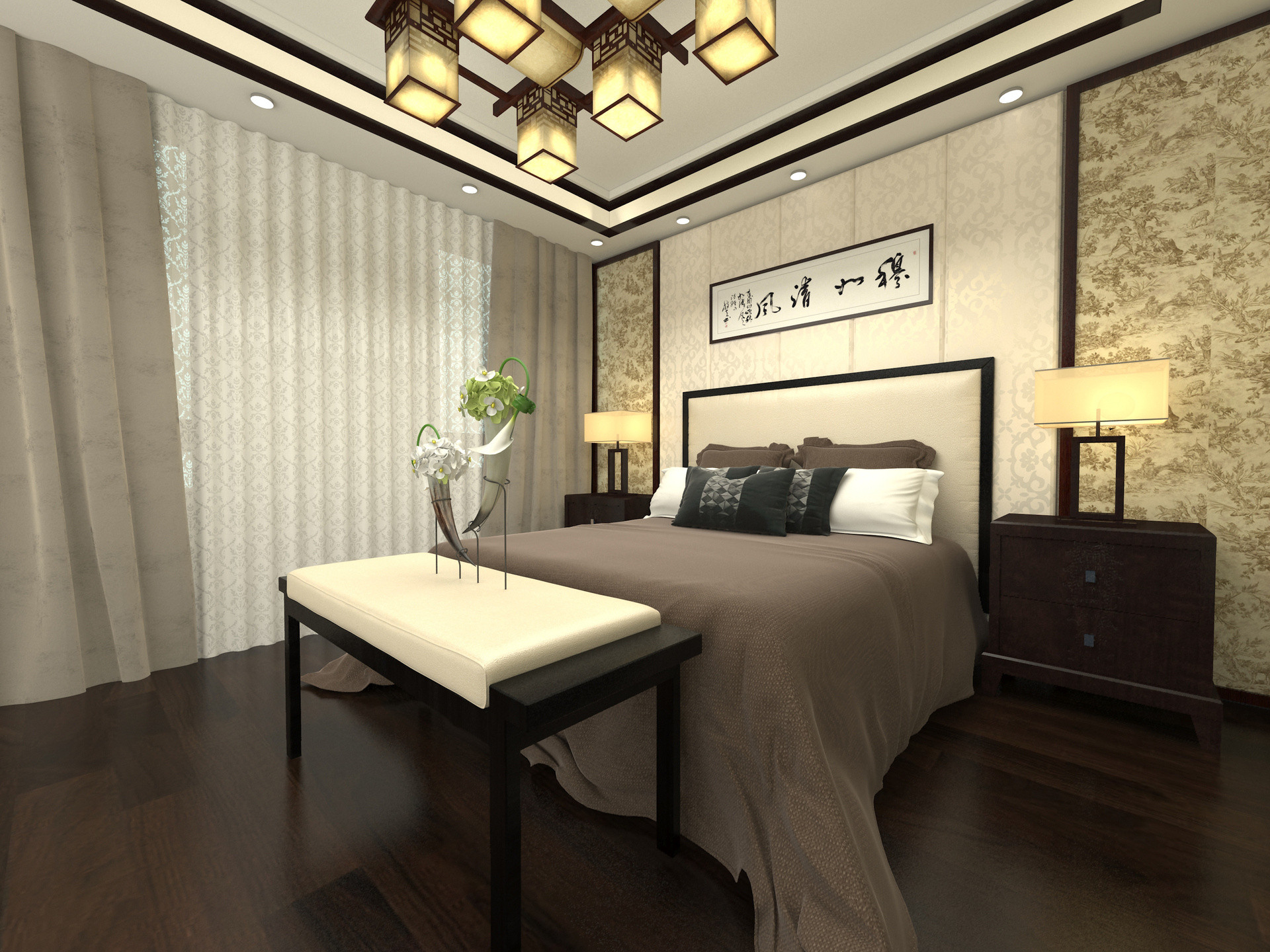 中式风格,别墅装修,20万以上装修,140平米以上装修,卧室,窗帘,床上用品,灰色