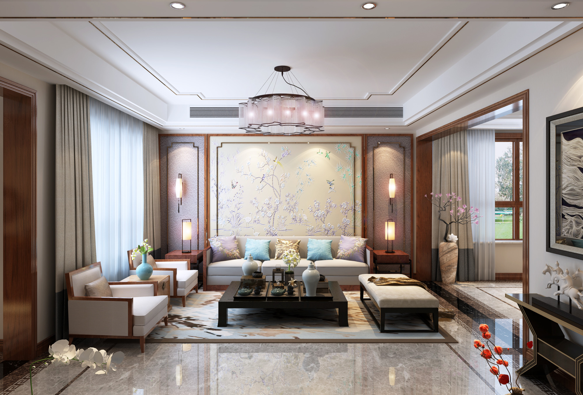 中式风格,豪华型装修,140平米以上装修,四房装修,客厅,沙发背景墙,暖色调
