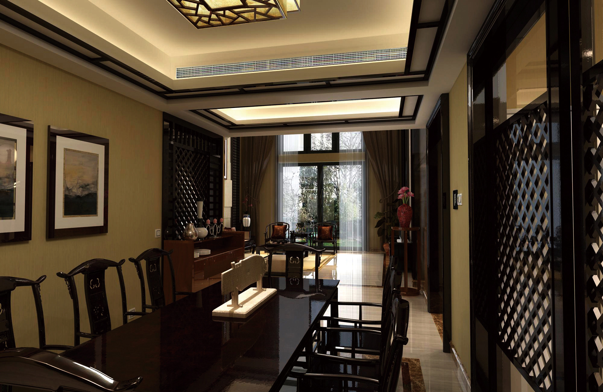 中式风格,别墅装修,20万以上装修,140平米以上装修,餐厅,餐桌,餐厅背景墙,暖色调