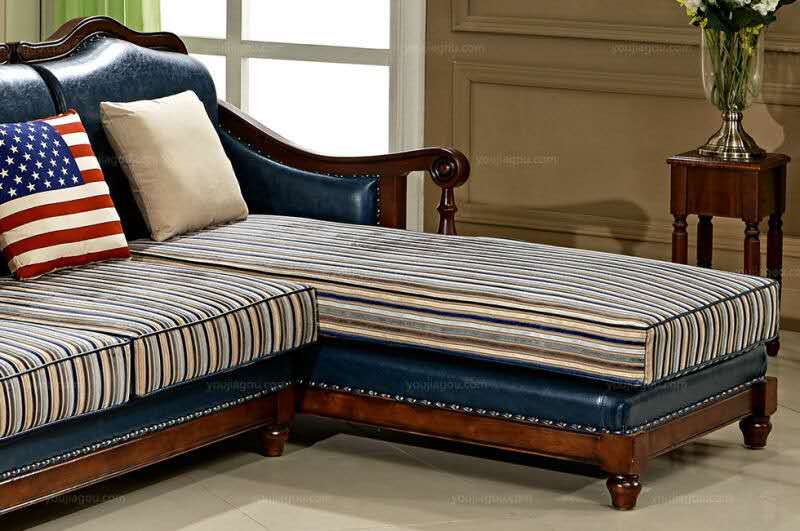 坚韧耐磨橡胶木框架条纹布艺座包美式沙发1 2 左贵妃