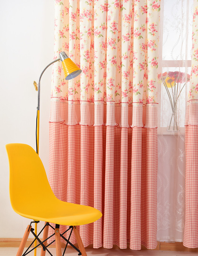 天亿坊窗帘韩式清新田园粉色拼接婚房卧室客厅落地窗蕾丝成品定制挂钩