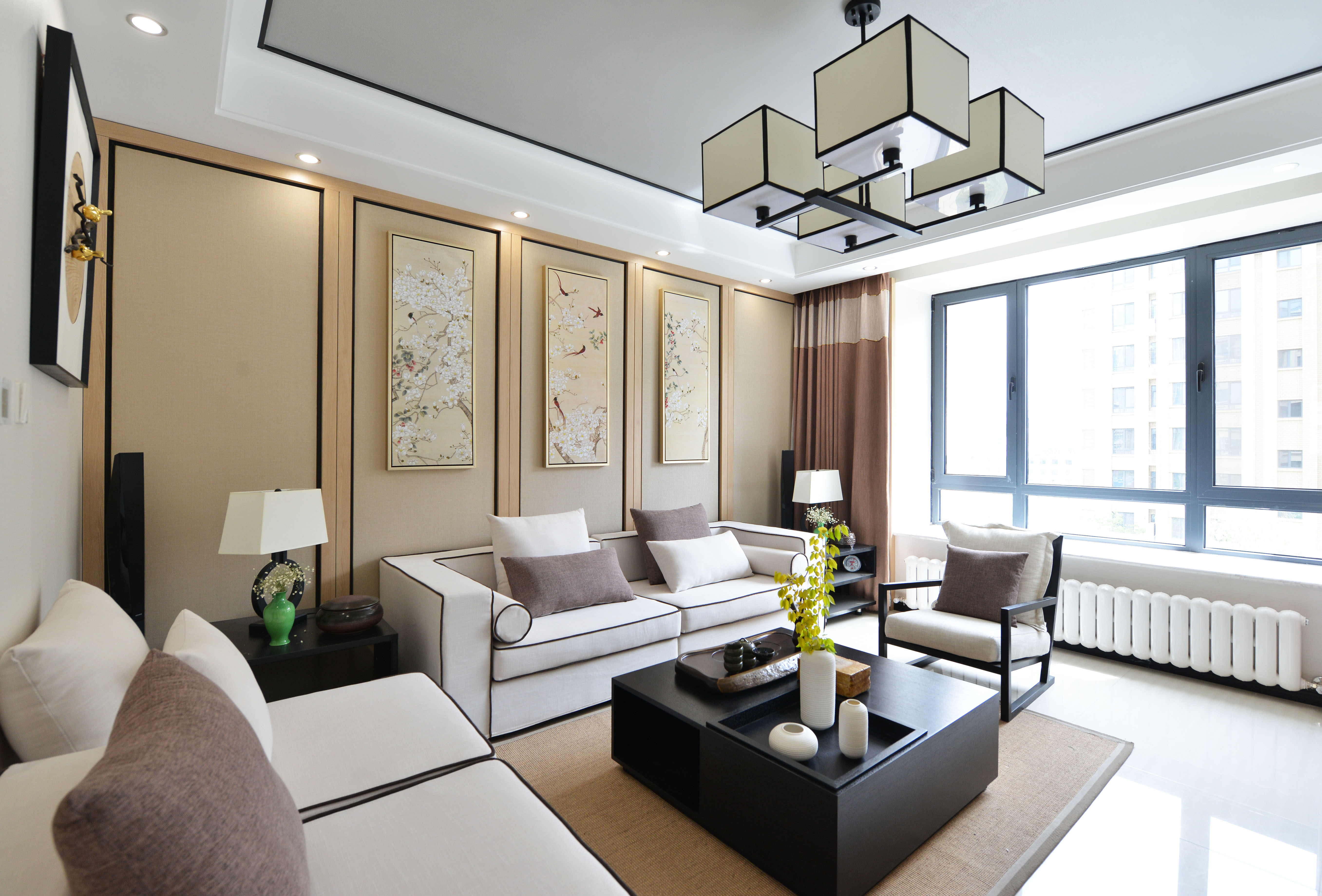 中式风格,120平米装修,三居室装修,20万以上装修,客厅,沙发背景墙,暖色调