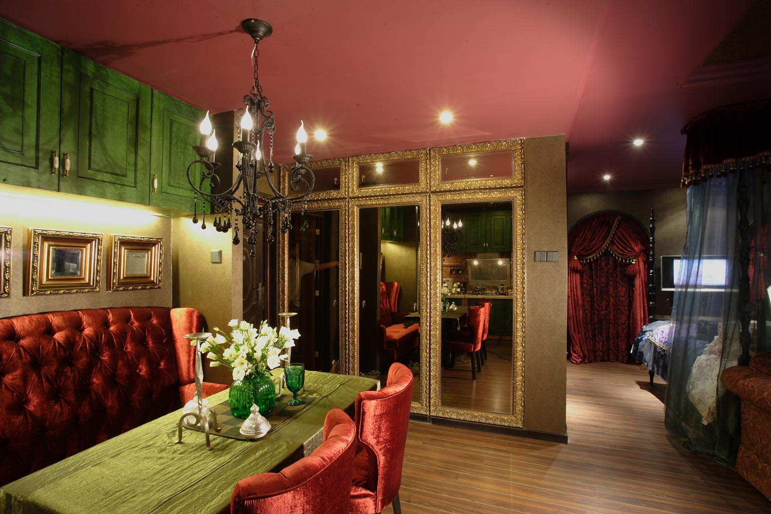 混搭风格,一居室装修,60平米装修,20万以上装修,餐厅,灯具,餐桌,红色