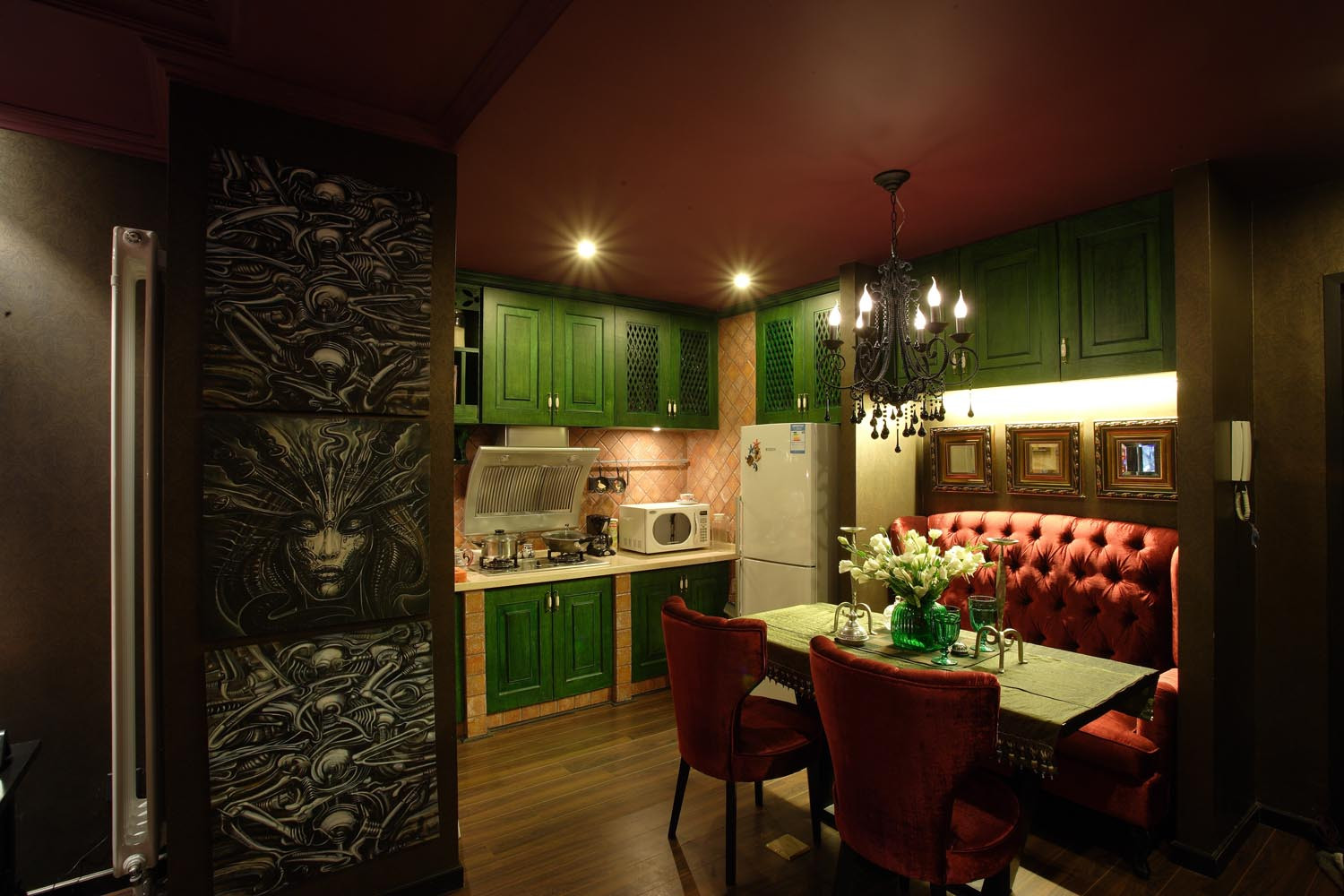 混搭风格,一居室装修,60平米装修,20万以上装修,餐厅,橱柜,绿色,红色