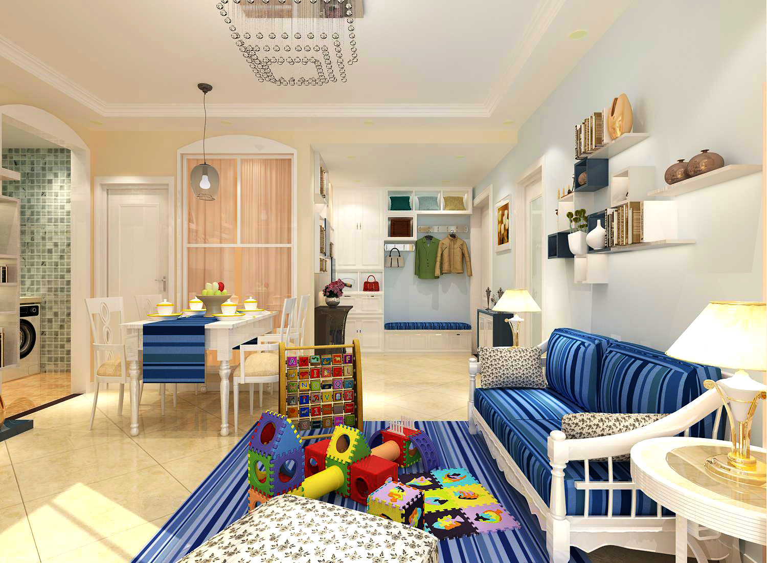 10-15万装修,80平米装修,二居室装修,客厅,沙发,现代简约风格,地毯,蓝色