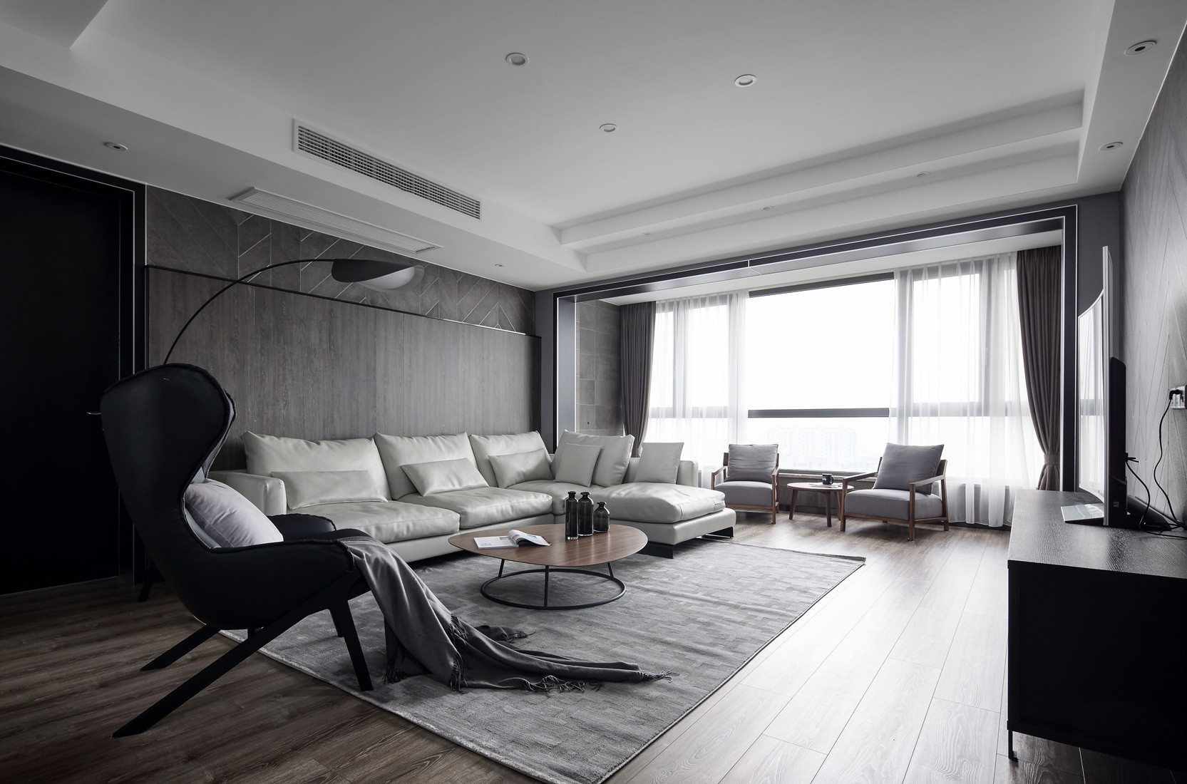 130平米装修,20万以上装修,二居室装修,客厅,现代简约风格,沙发背景墙,灰色