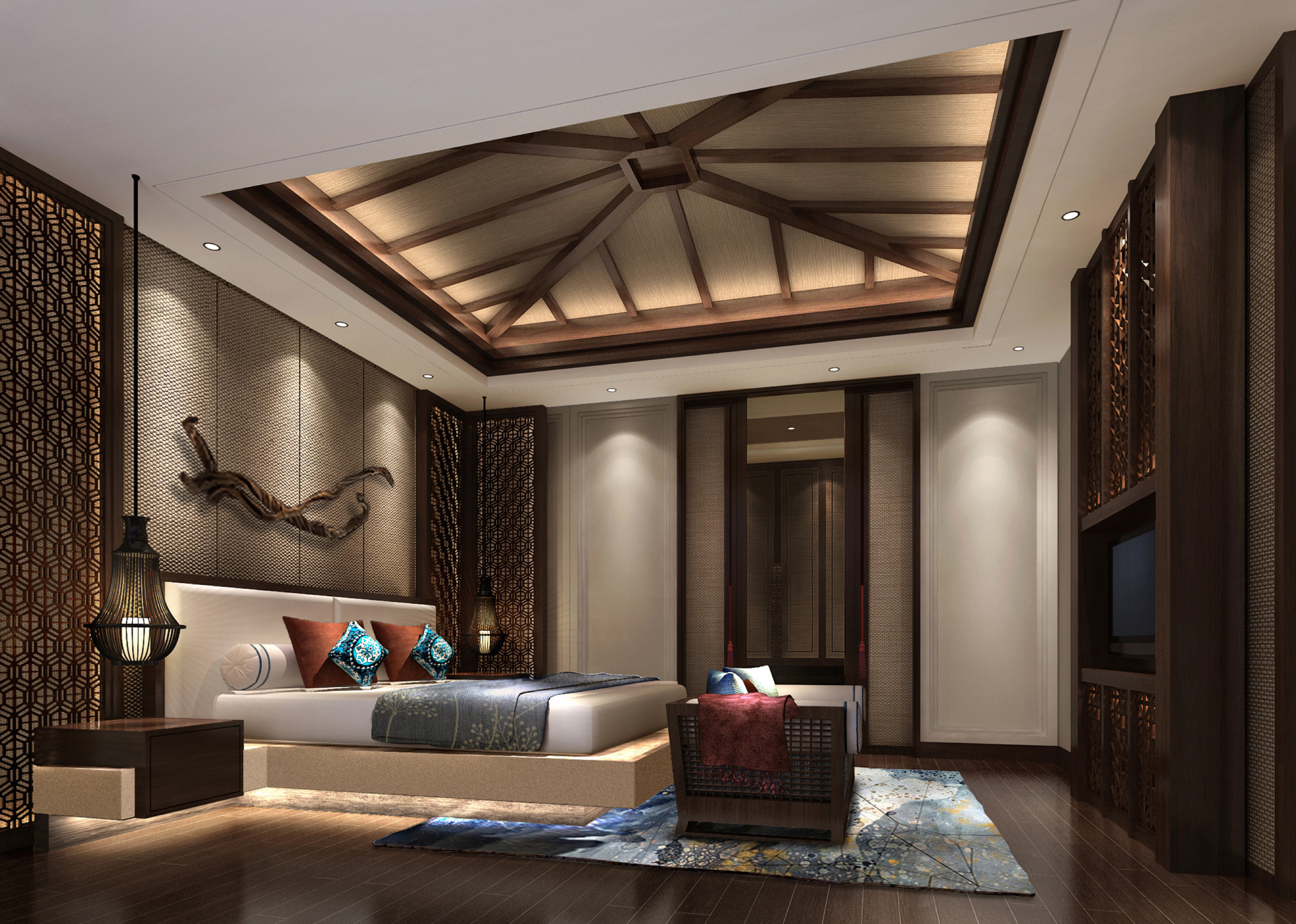 东南亚风格,别墅装修,140平米以上装修,豪华型装修,卧室,卧室背景墙,咖啡色