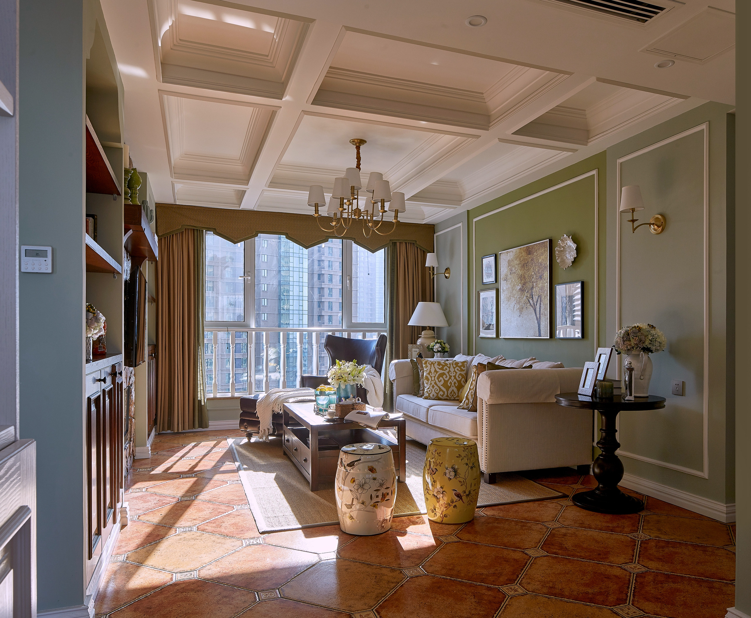 美式风格,二居室装修,90平米装修,20万以上装修,客厅,沙发背景墙,绿色