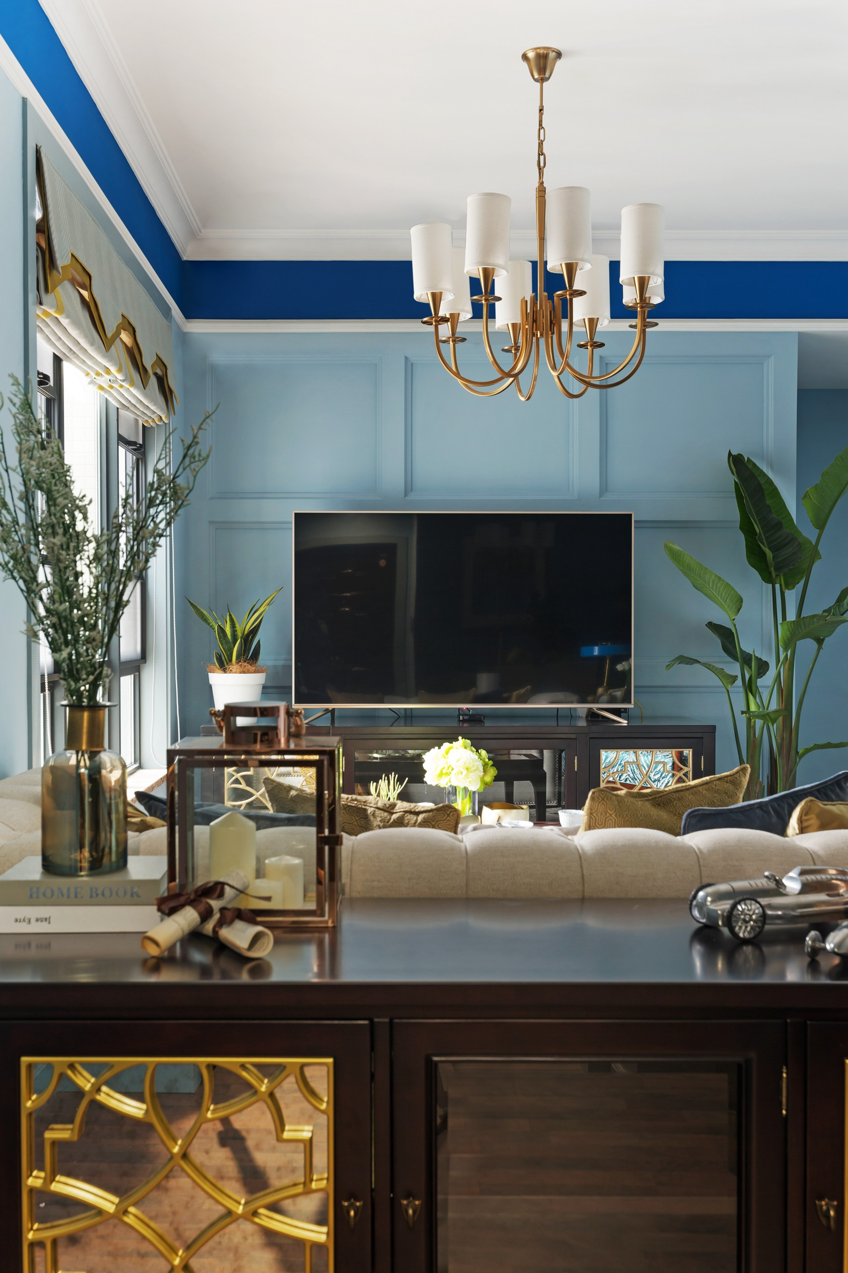 美式风格,80平米装修,20万以上装修,三居室装修,客厅,电视背景墙,蓝色