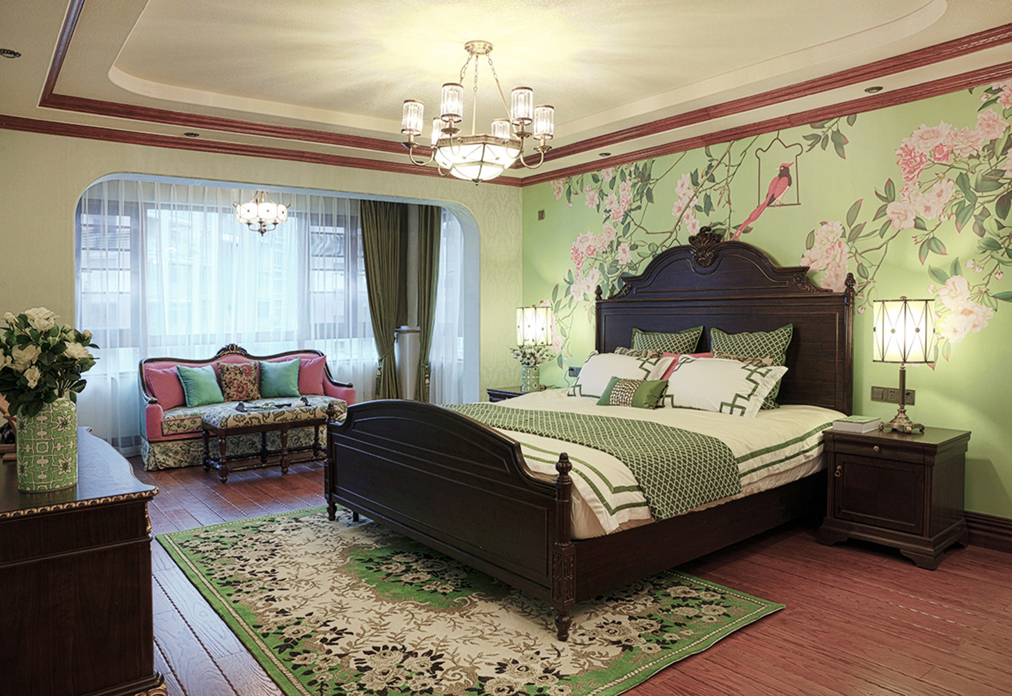 美式风格,别墅装修,复式装修,20万以上装修,卧室,卧室背景墙,地毯,绿色
