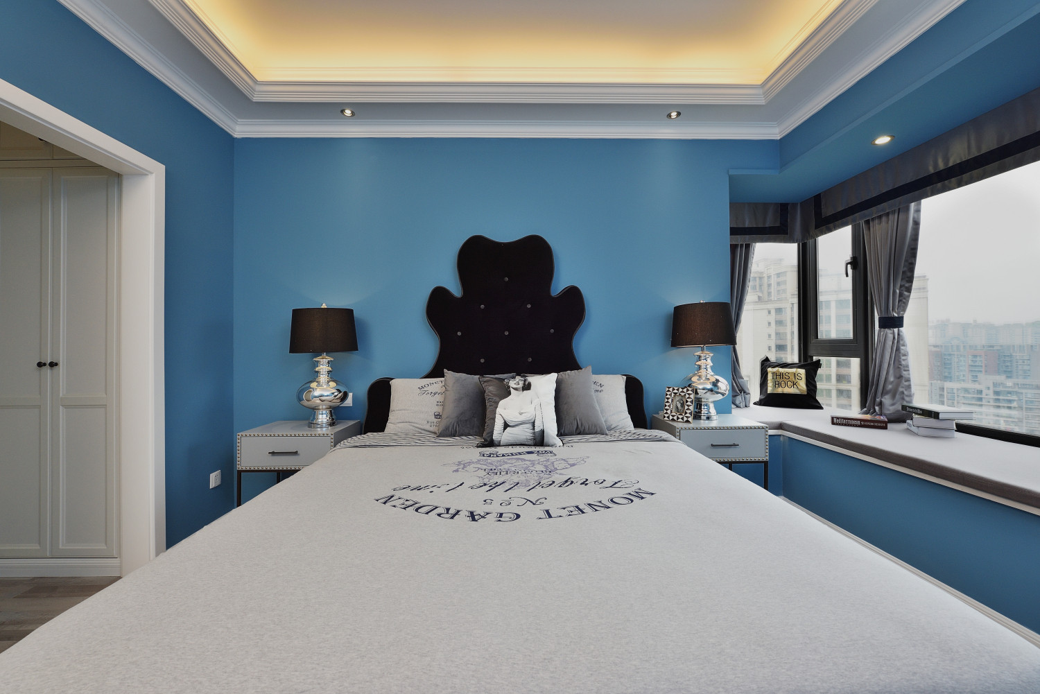 三居室装修,100平米装修,20万以上装修,卧室,北欧风格,背景墙,蓝色