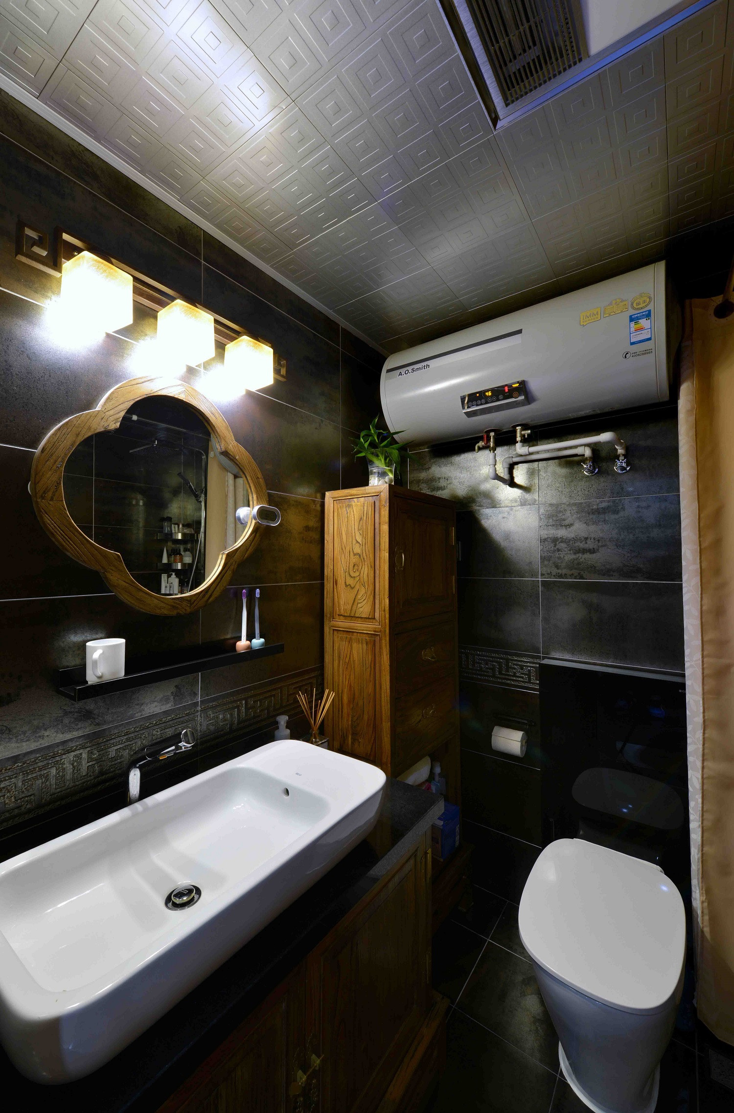 中式风格,140平米以上装修,20万以上装修,三居室装修,卫生间,洗手台,浴室柜,黑白