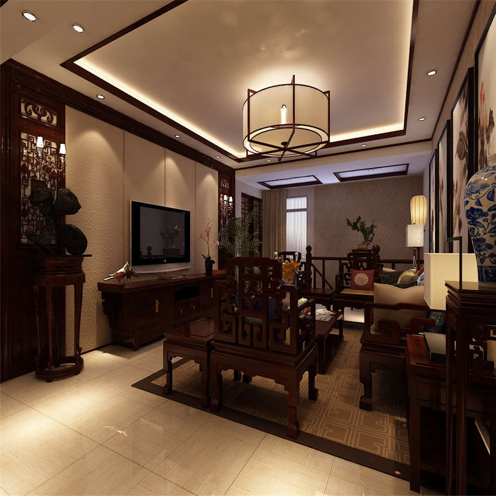 中式风格,四房装修,140平米以上装修,20万以上装修,客厅,电视背景墙,暖色调,吊顶,沙发