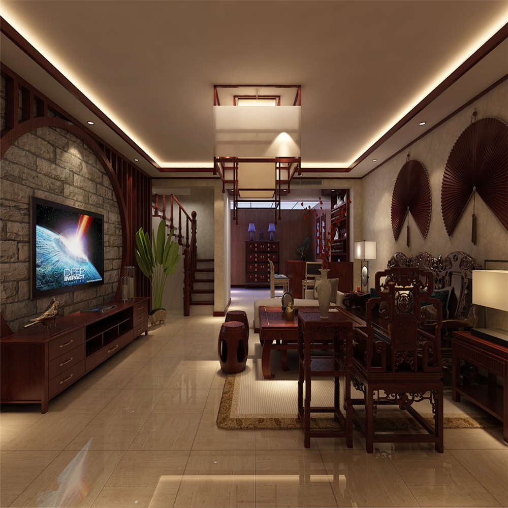 中式风格,四房装修,140平米以上装修,20万以上装修,客厅,电视背景墙,地下室,茶几,褐色