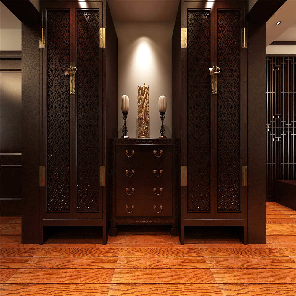 中式风格,四房装修,10-15万装修,140平米以上装修,玄关,玄关柜,褐色