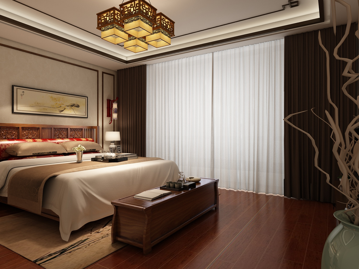 中式风格,四房装修,20万以上装修,140平米以上装修,卧室,背景墙,窗帘,咖啡色