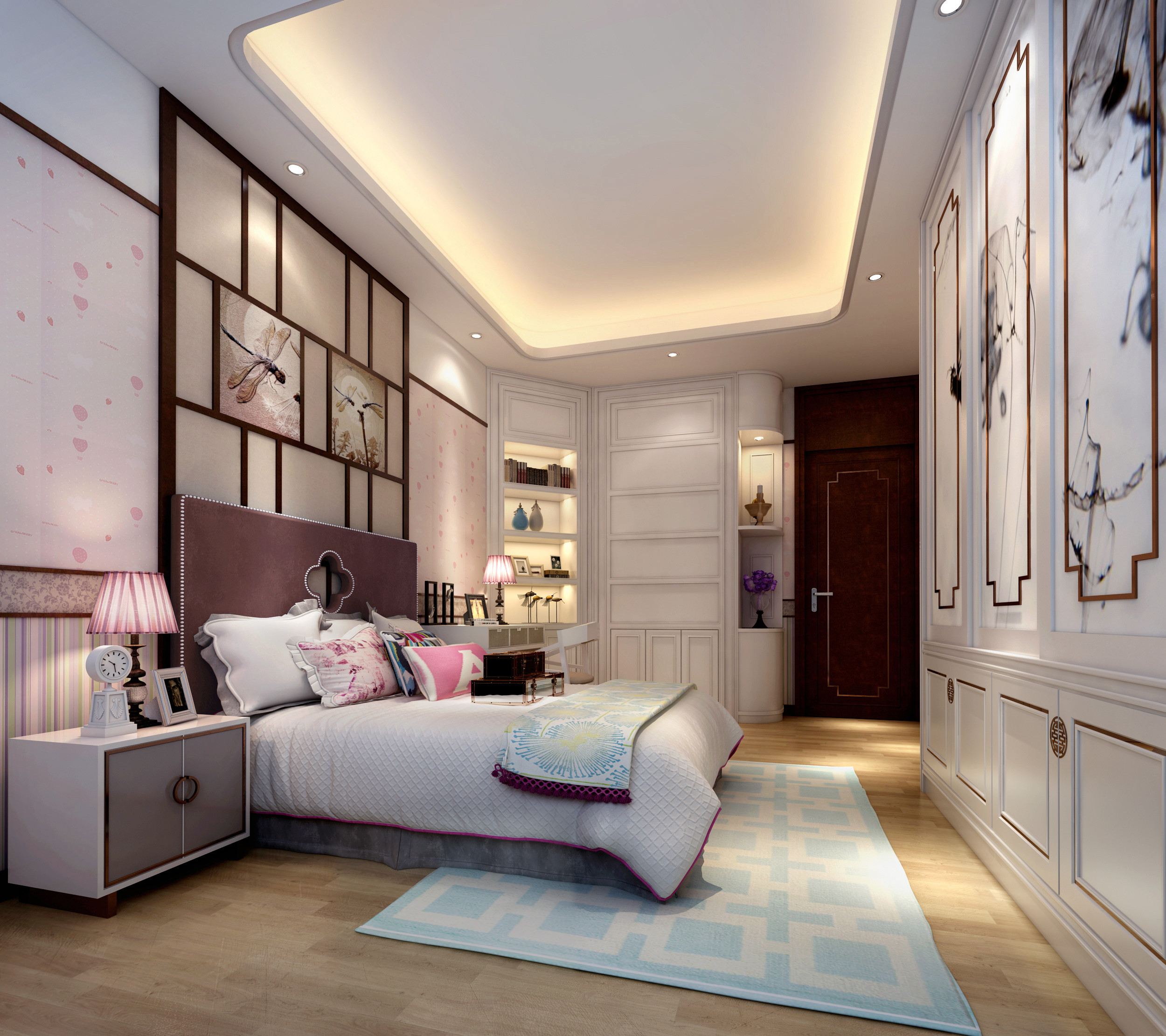 中式风格,四房装修,20万以上装修,140平米以上装修,卧室,背景墙,床头柜,粉色