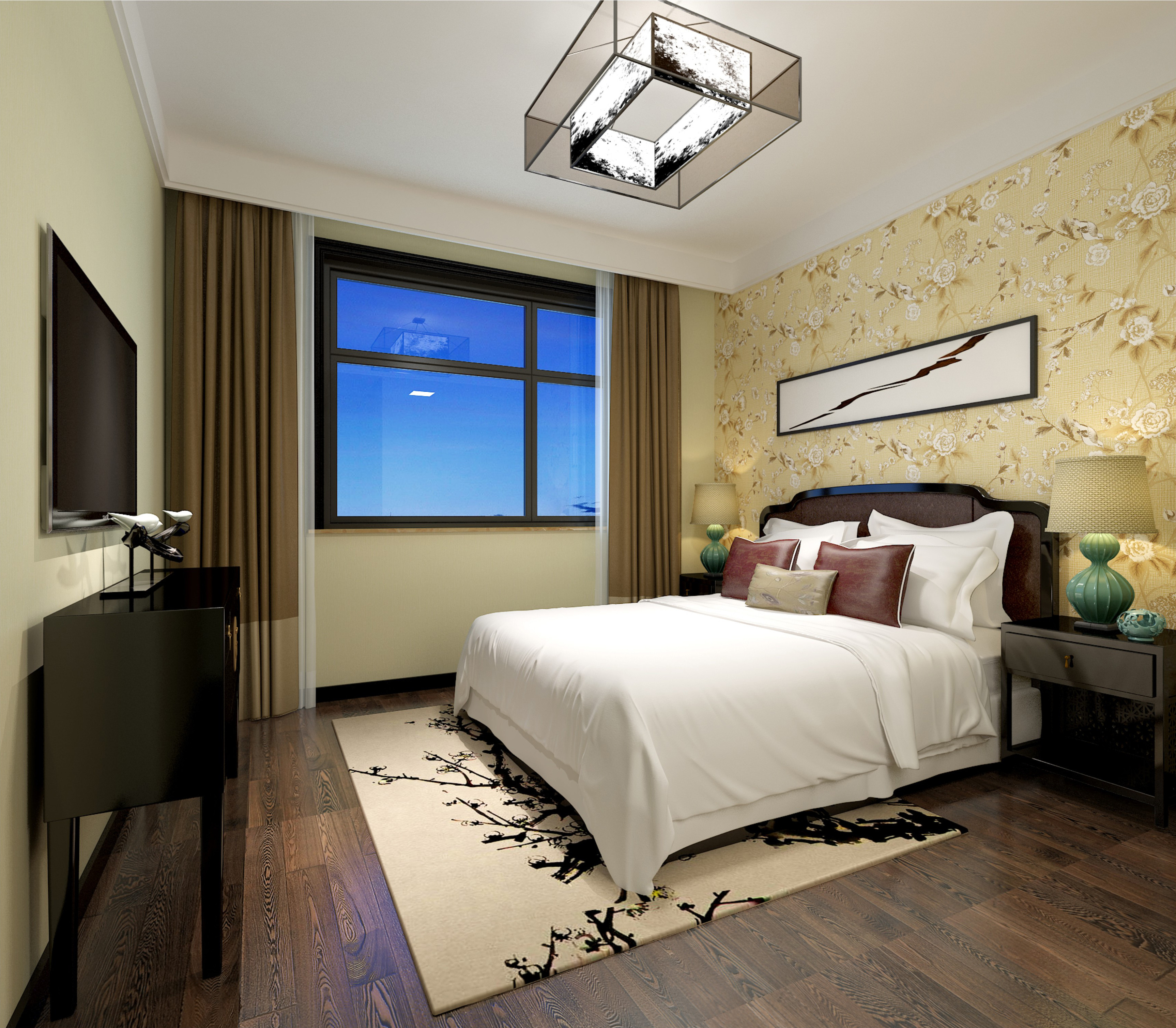 中式风格,四房装修,140平米以上装修,20万以上装修,卧室,卧室背景墙,床头柜,黄色