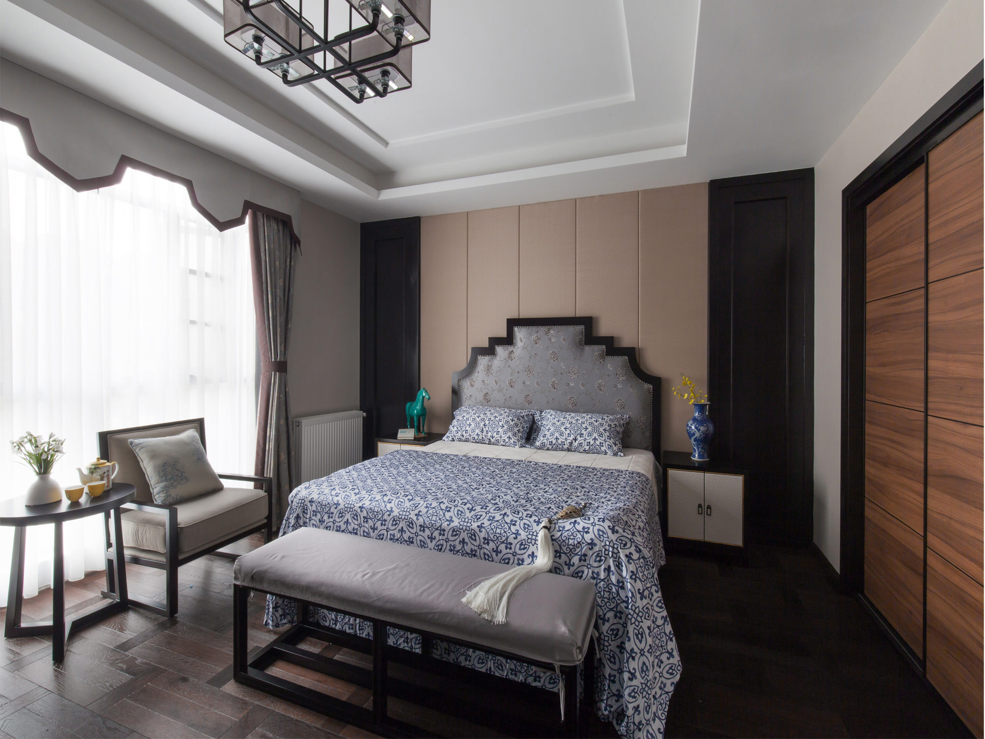 中式风格,别墅装修,140平米以上装修,豪华型装修,卧室,背景墙,床头柜