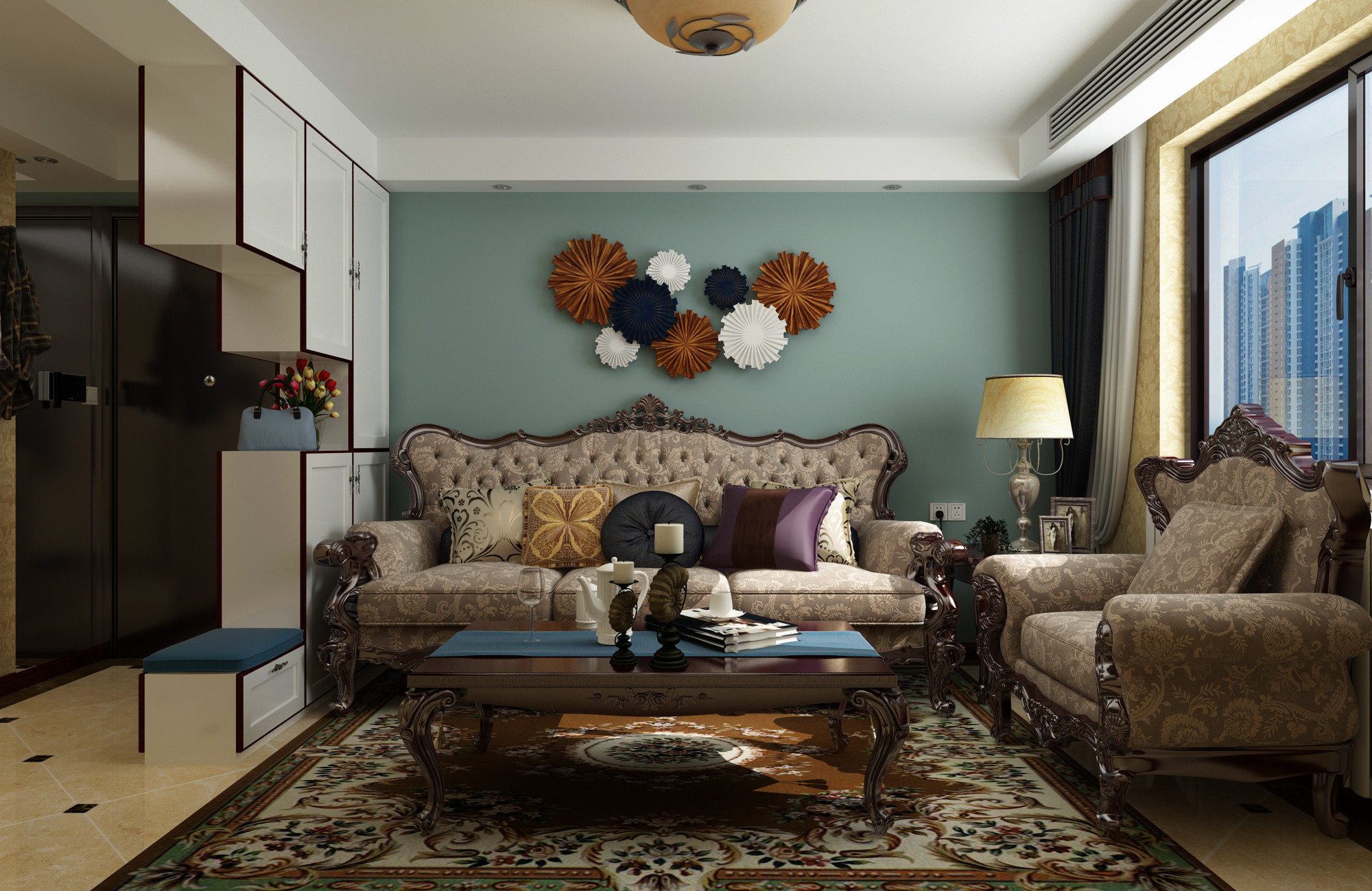 美式风格,一居室装修,70平米装修,15-20万装修,客厅,沙发,沙发背景墙,蓝色