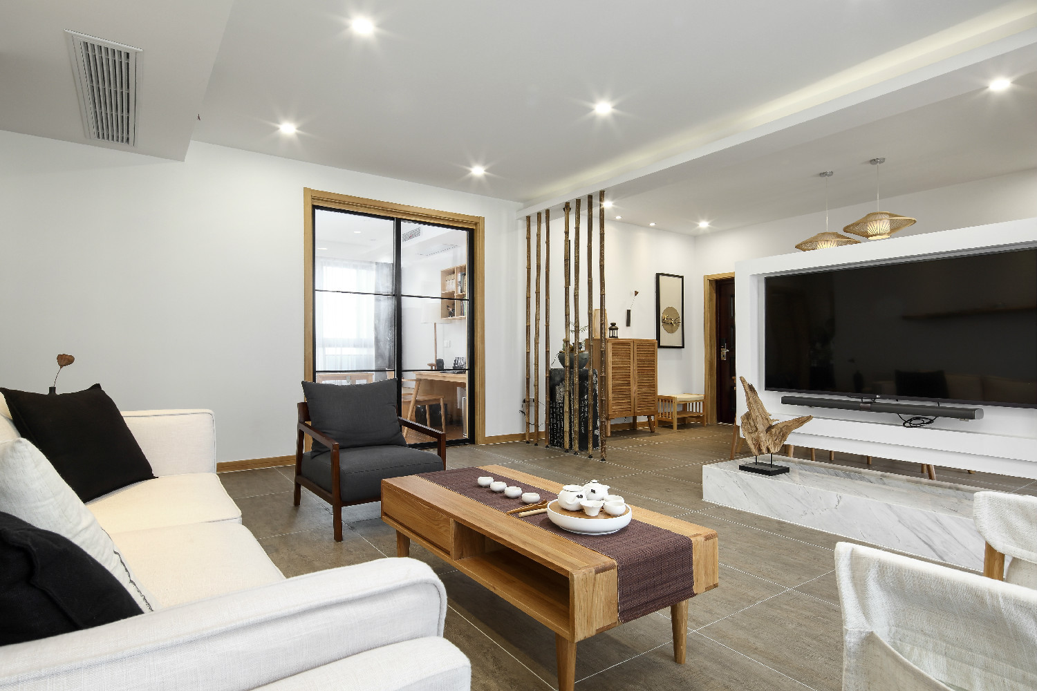 日式风格,三居室装修,20万以上装修,140平米以上装修,客厅,茶几,电视背景墙,原木色
