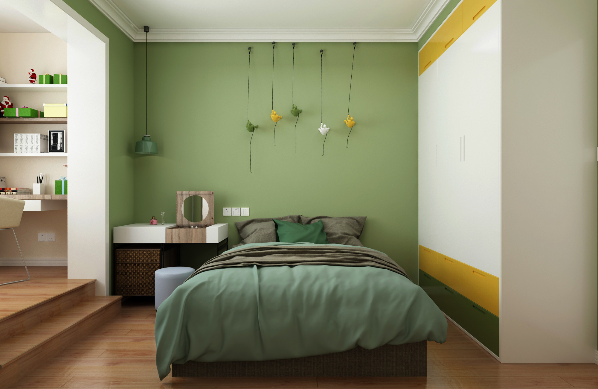 三居室现代简约之家次卧床头背景墙图片