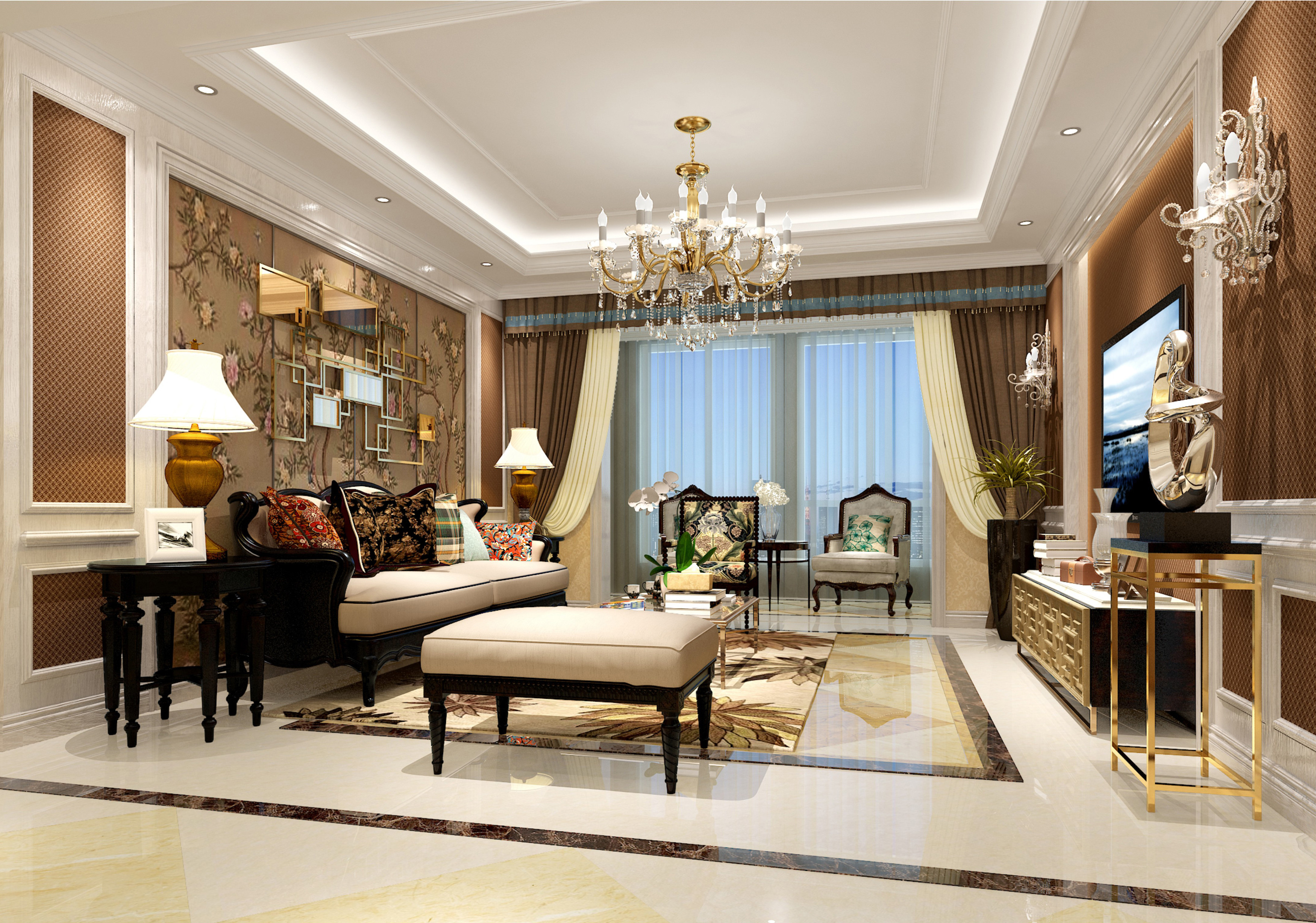 美式风格,四房装修,20万以上装修,140平米以上装修,客厅,吊顶,沙发,咖啡色