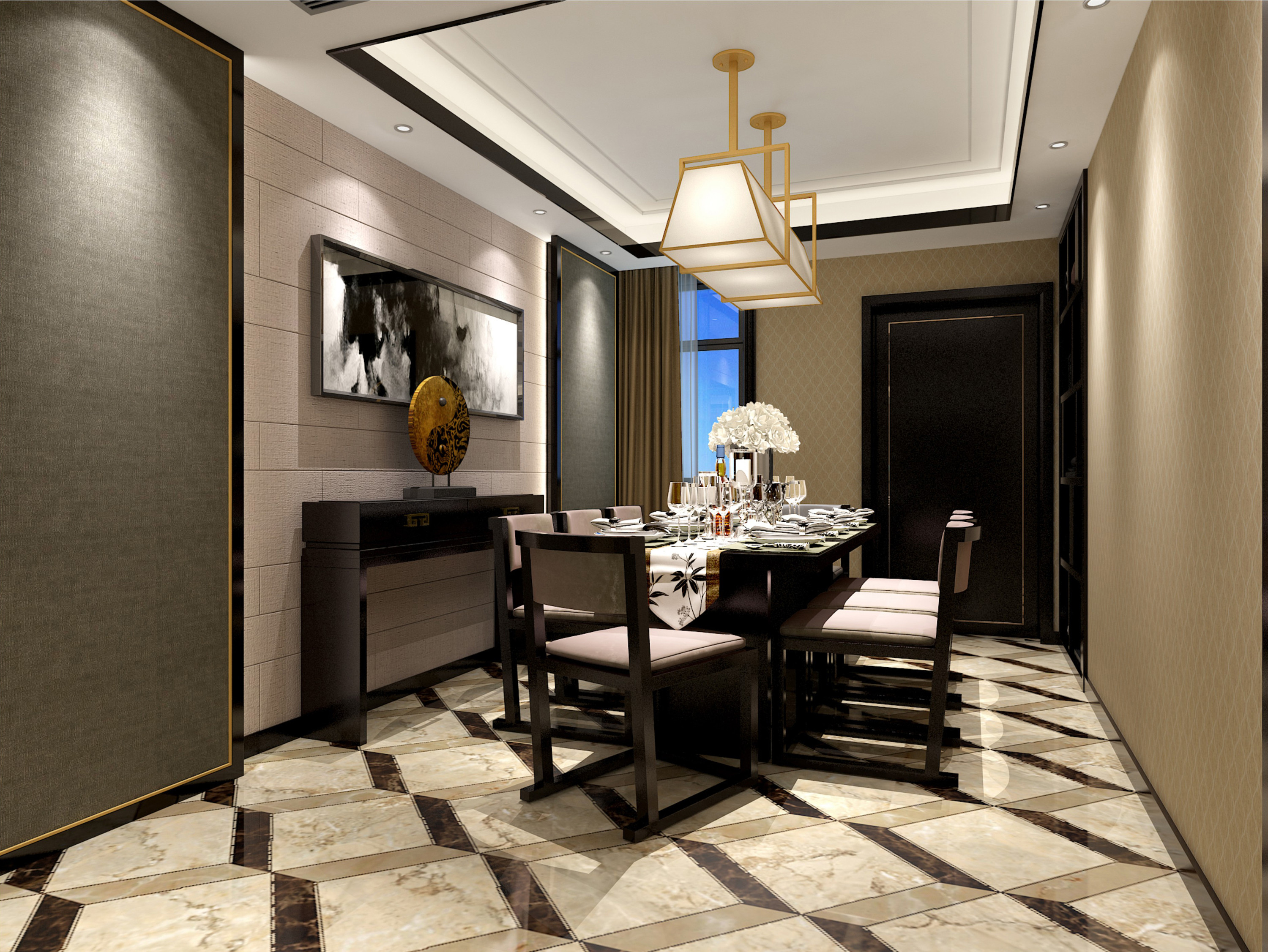 中式风格,四房装修,140平米以上装修,20万以上装修,餐厅,餐桌,餐厅背景墙,灯具,暖色调