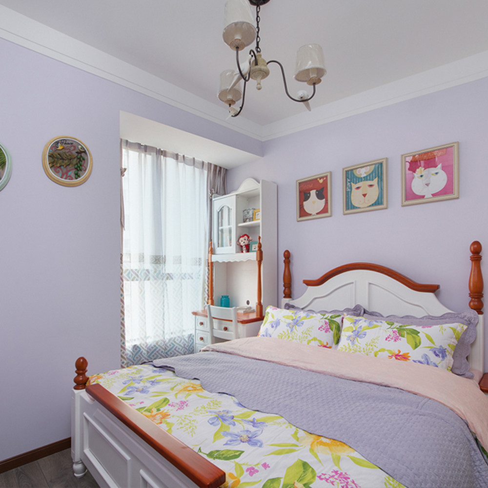 10-15万装修,三居室装修,80平米装修,儿童房,美式风格,背景墙,紫色