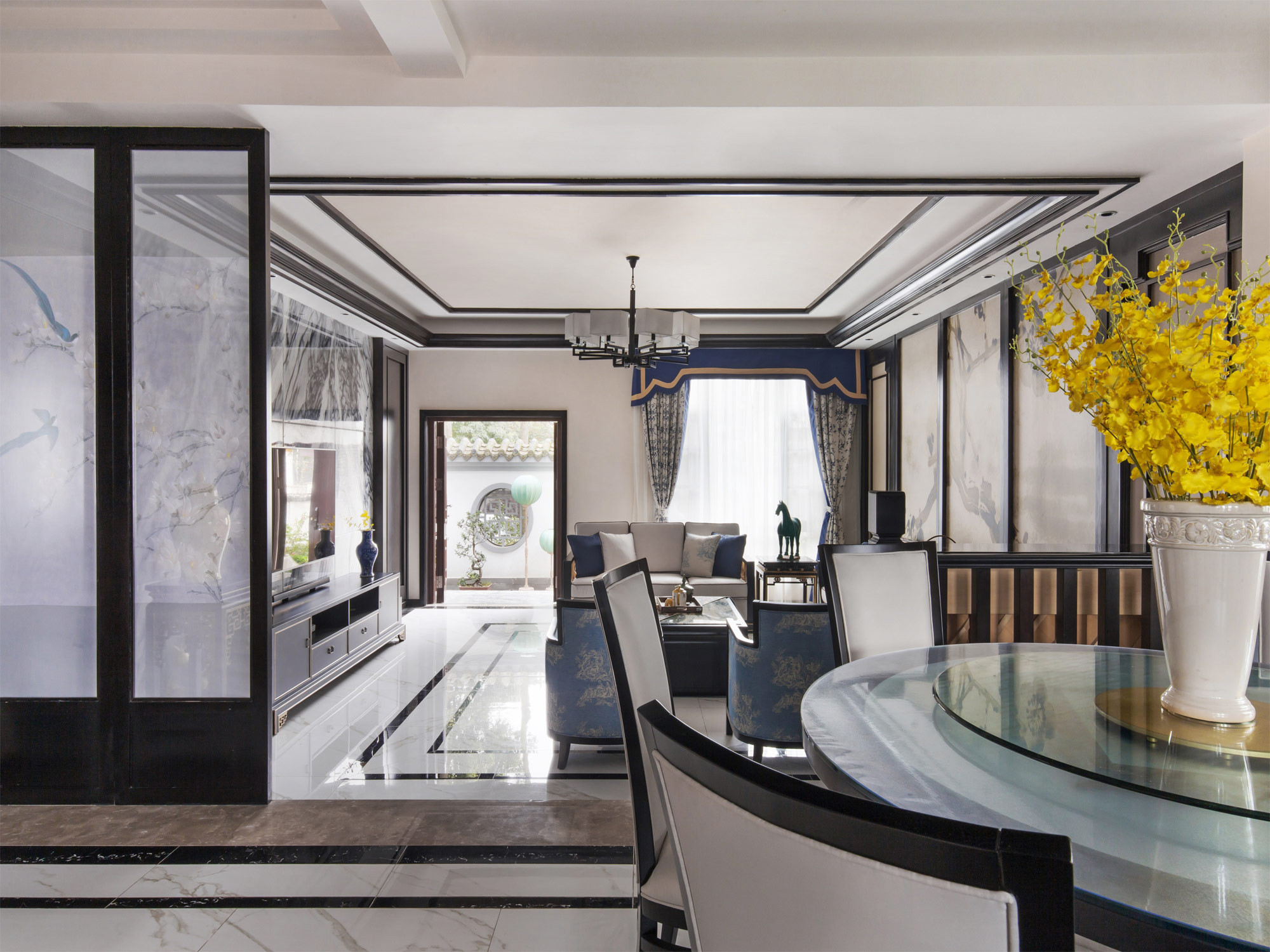 中式风格,别墅装修,140平米以上装修,豪华型装修,客厅,黑白,过道
