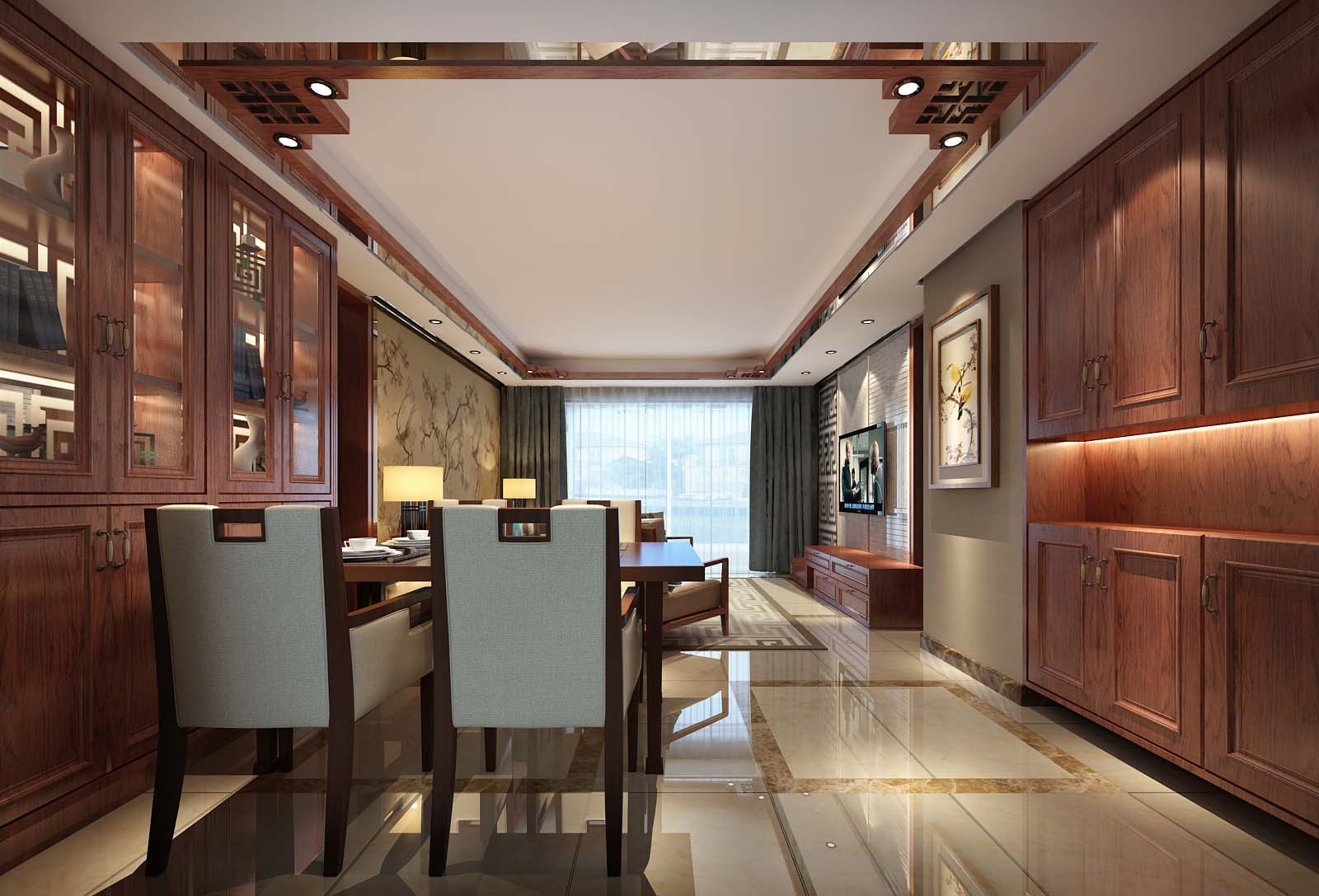 中式风格,四房装修,15-20万装修,130平米装修,餐厅,餐桌,餐边柜,咖啡色