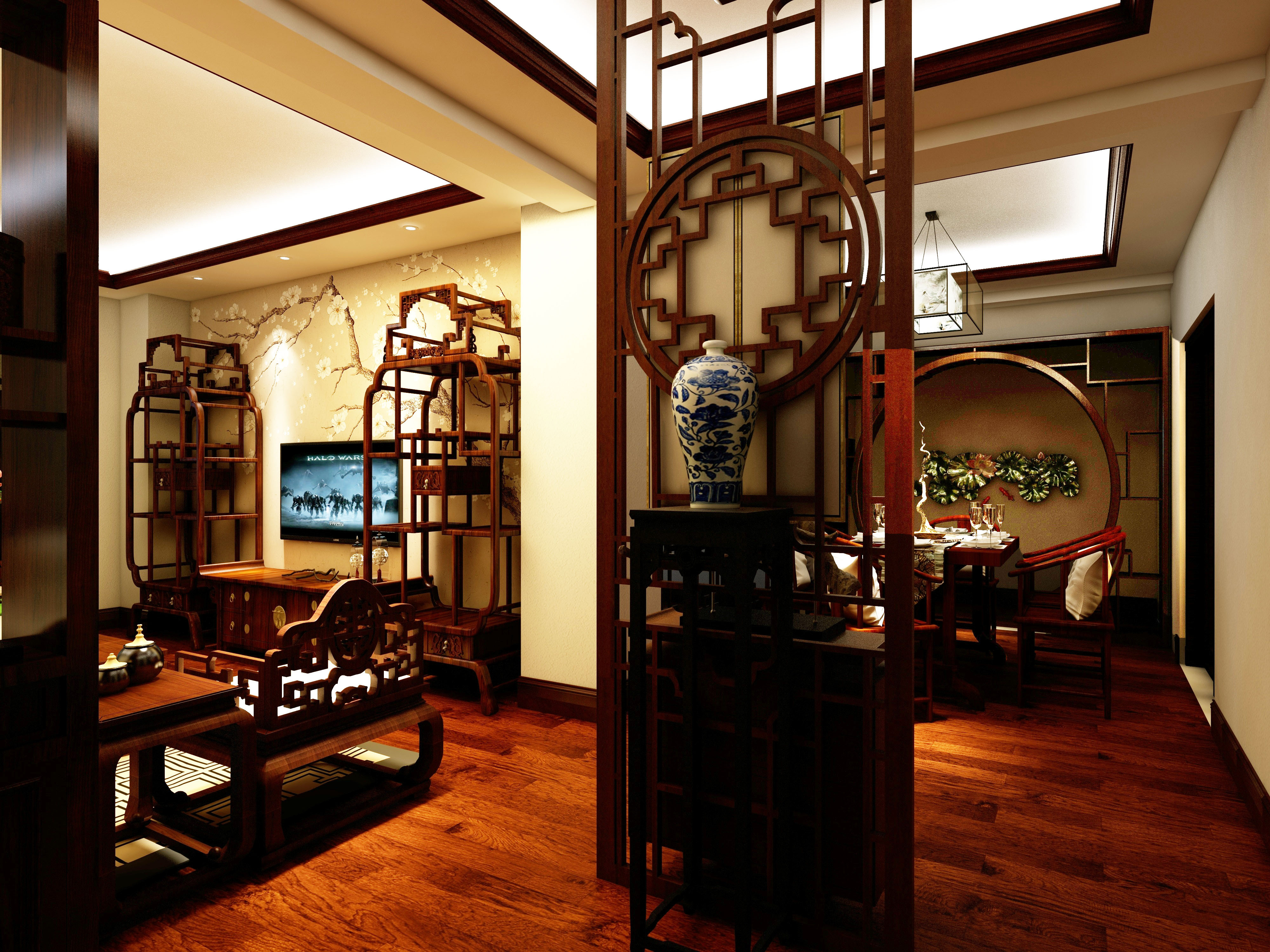 中式风格,三居室装修,140平米以上装修,20万以上装修,玄关,玄关柜,隔断,褐色