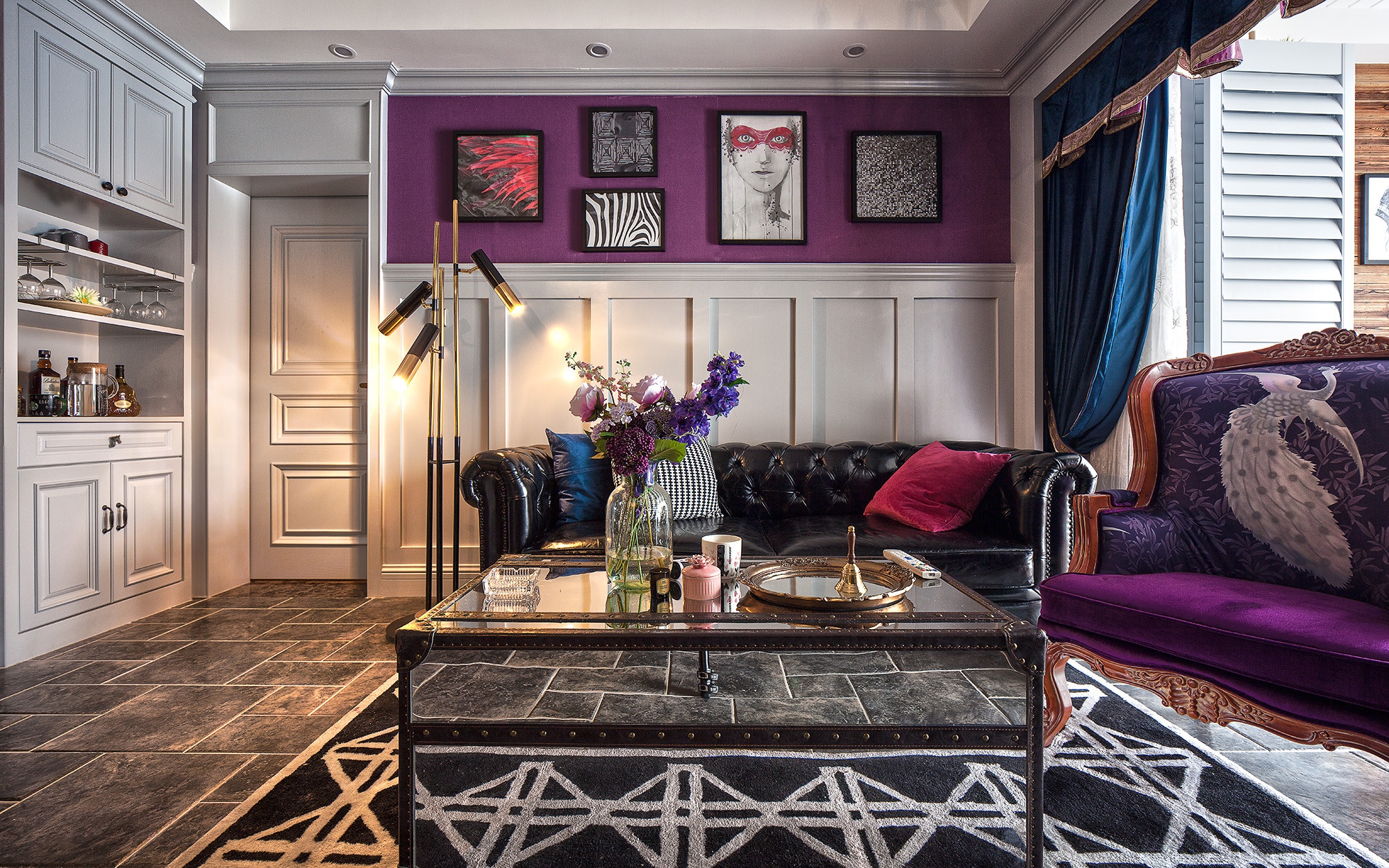 15-20万装修,二居室装修,90平米装修,客厅,沙发,美式风格,沙发背景墙,紫色