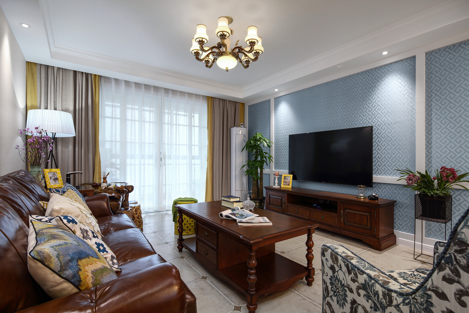 美式风格,三居室装修,130平米装修,20万以上装修,客厅,电视背景墙,蓝色