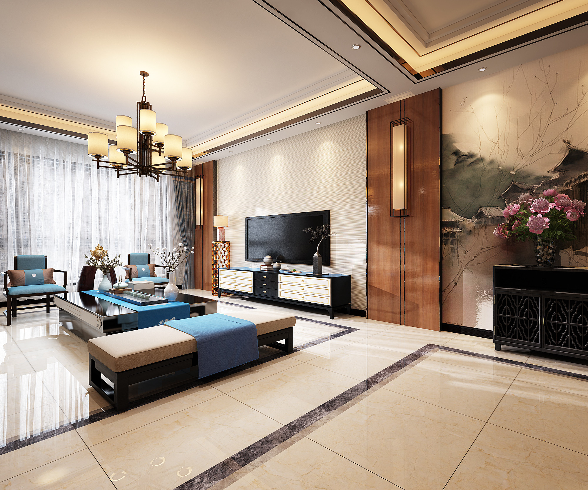 中式风格,20万以上装修,140平米以上装修,三居室装修,大户型,客厅,电视背景墙,米色