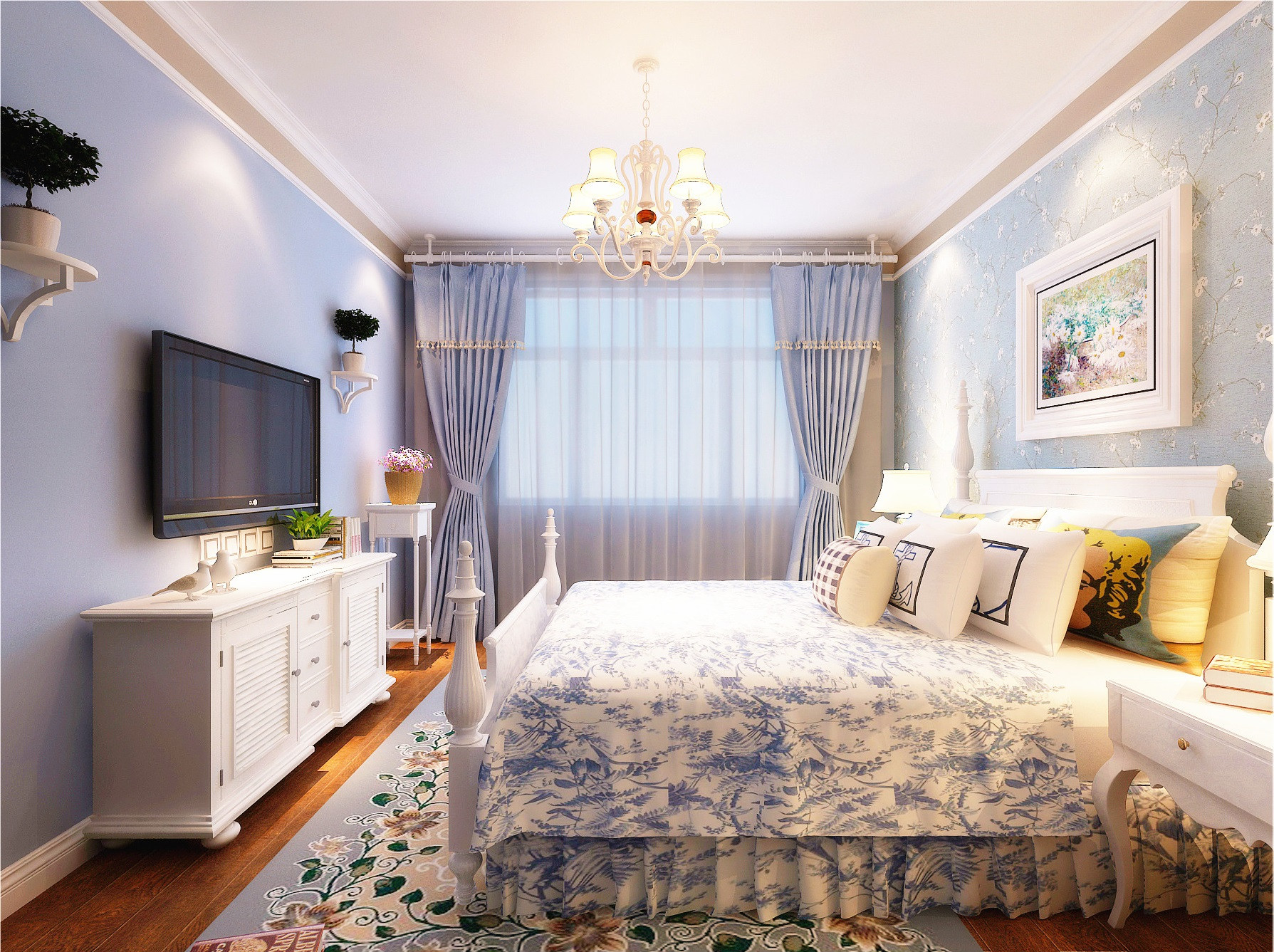 地中海风格,三居室装修,130平米装修,20万以上装修,卧室,卧室背景墙,蓝色