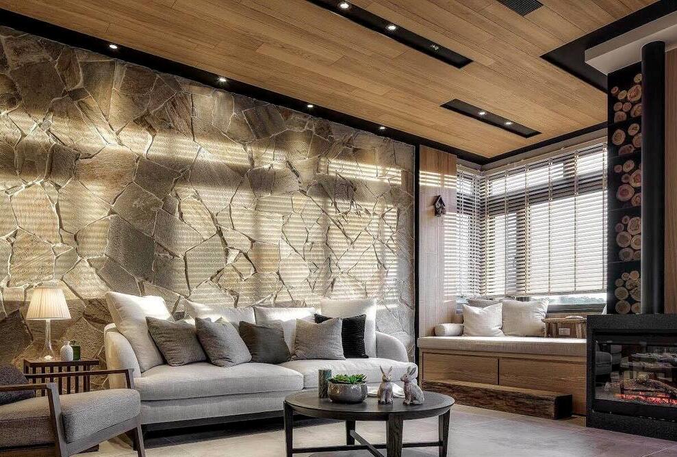 或者用木板镶贴在顶棚上,这样的设计手法即独特又