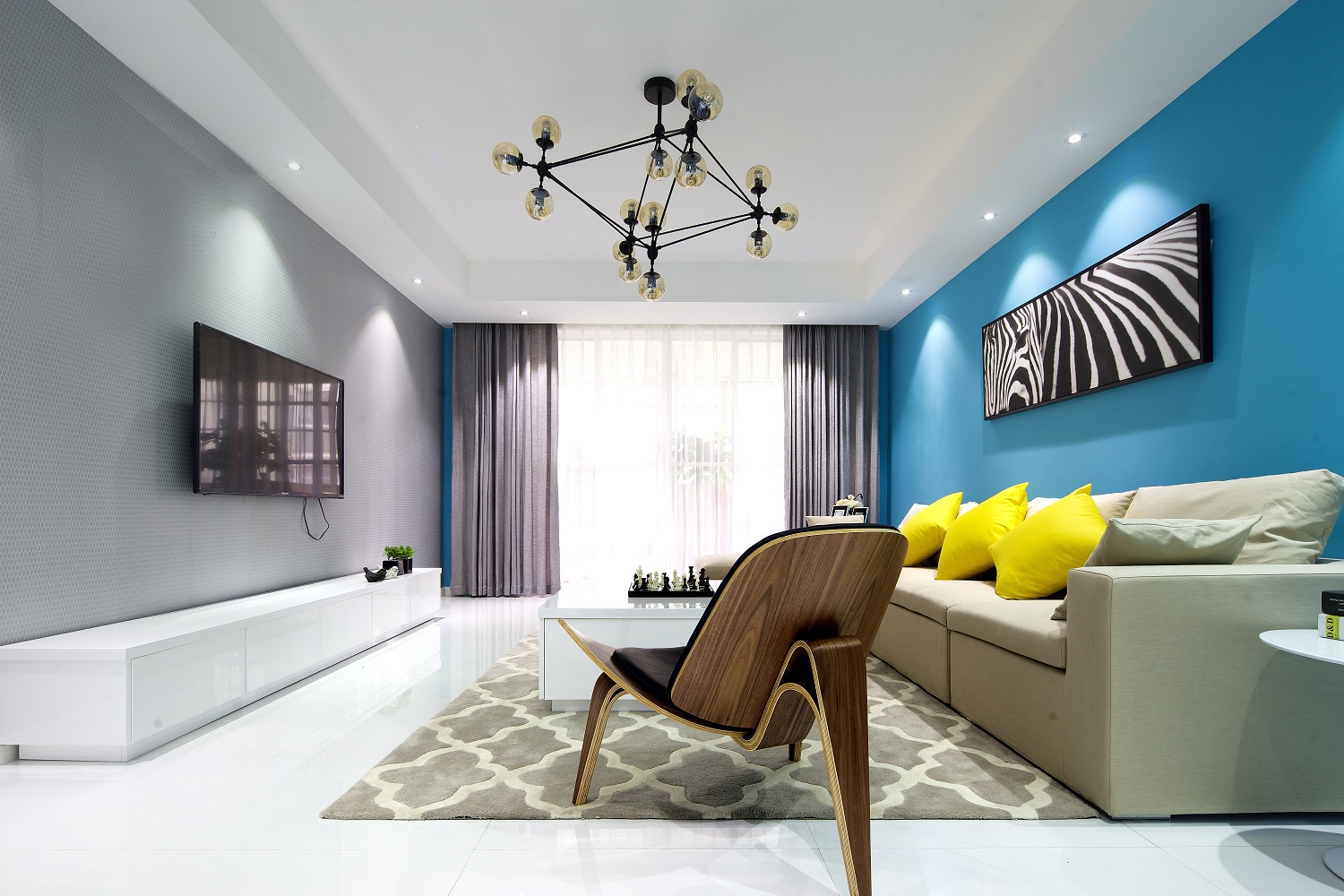 三居室装修,20万以上装修,130平米装修,客厅,现代简约风格,蓝色,沙发背景墙