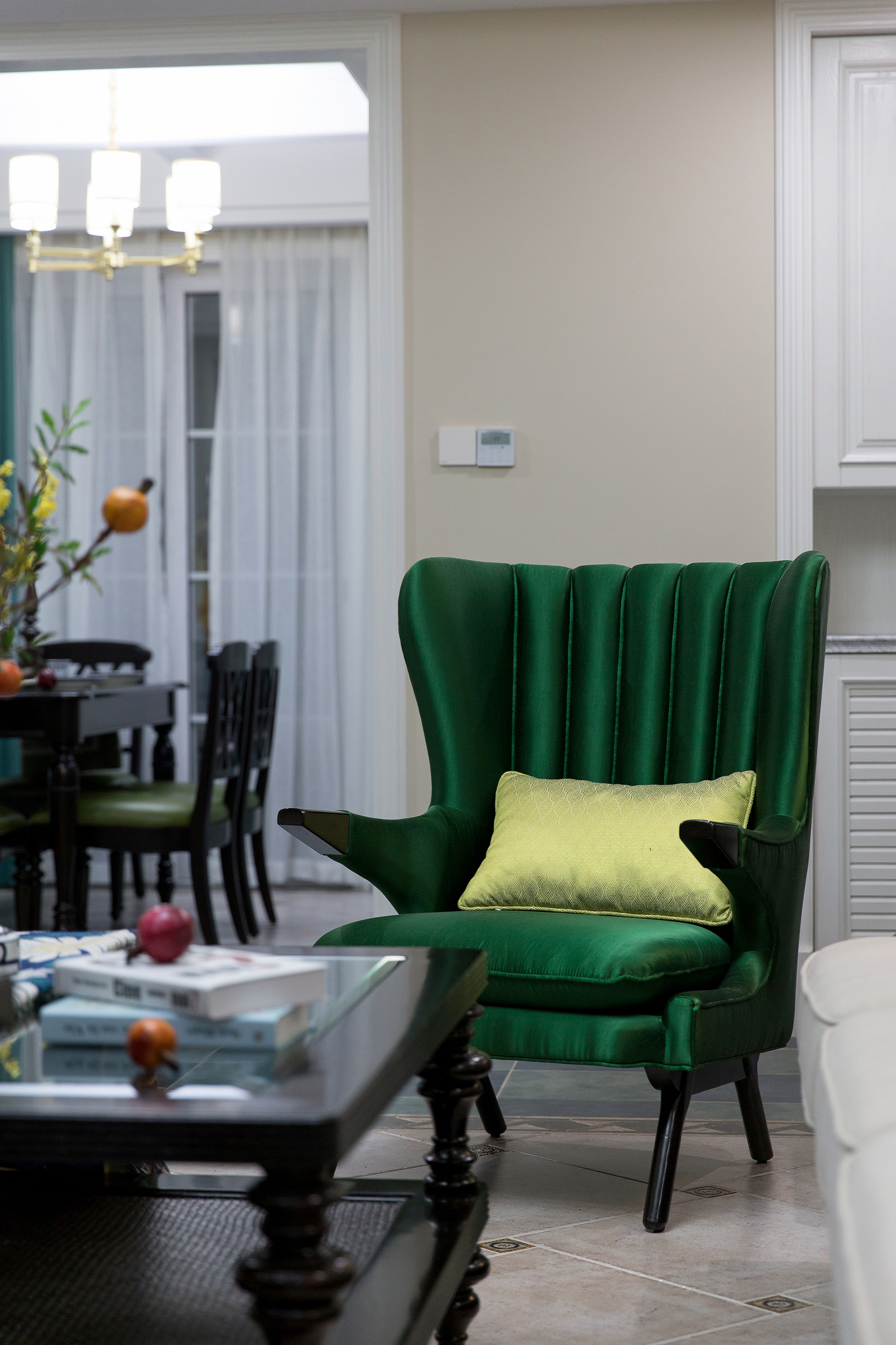 美式风格,四房装修,20万以上装修,120平米装修,客厅,绿色,椅子