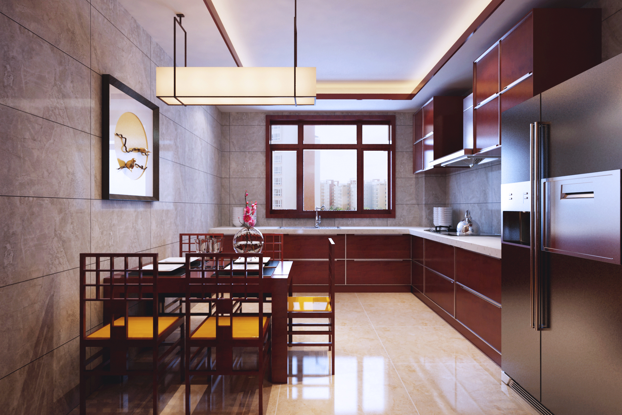 中式风格,140平米以上装修,20万以上装修,大户型,厨房,橱柜,餐桌