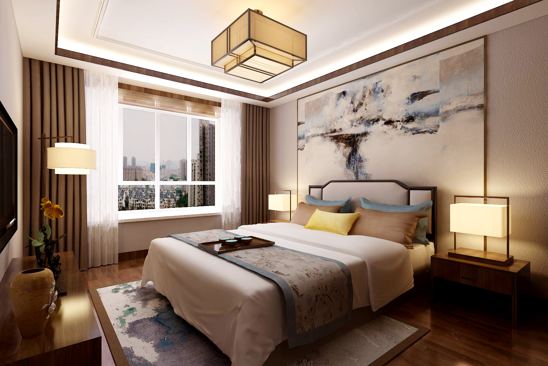 中式风格,15-20万装修,三居室装修,140平米以上装修,卧室,背景墙