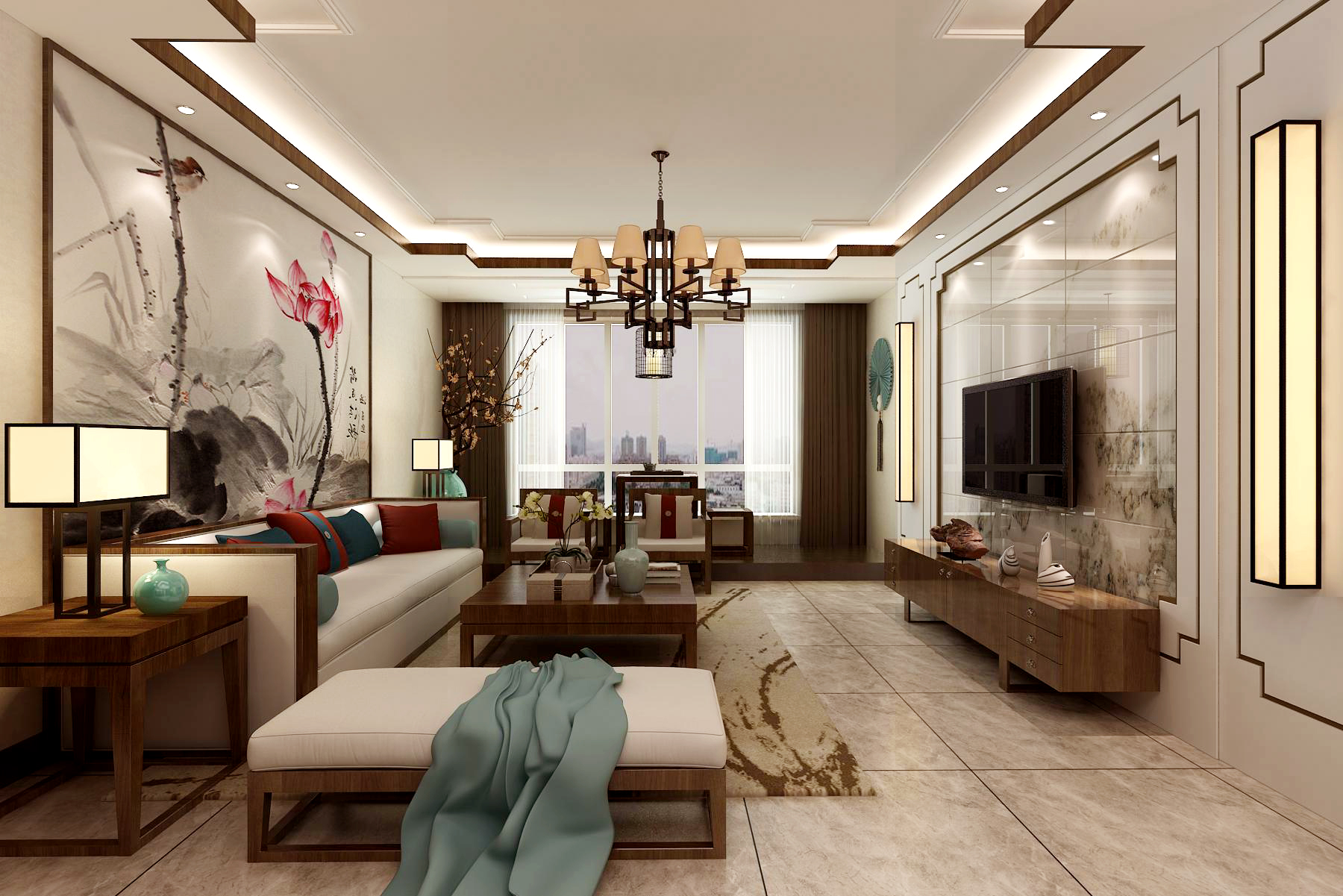 中式风格,15-20万装修,三居室装修,140平米以上装修,客厅,沙发背景墙